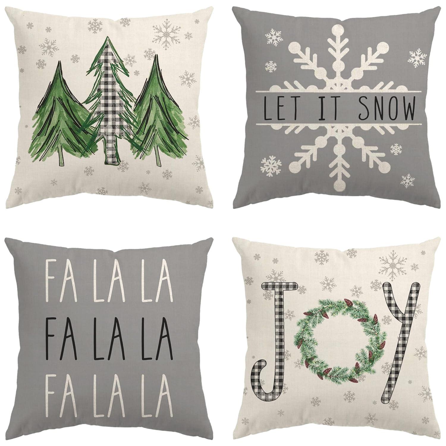 Glaring Christmas Pillow Covers 18x18 Set of 4 Farmhouse Christmas Decorations Merry Tree Joy Let It Snow FA La La Winter Holiday Decor Throw Cushion Case for Home Couch