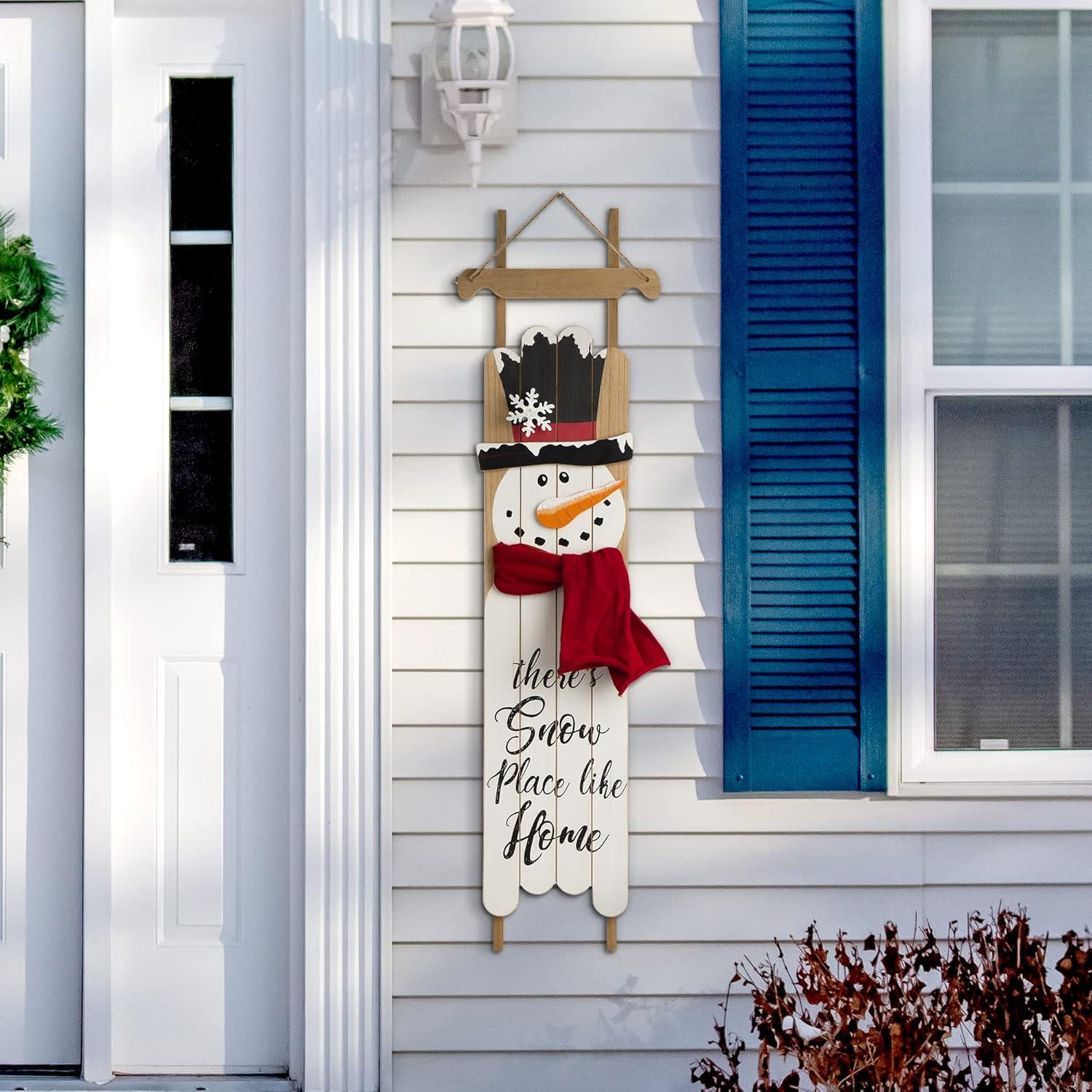 Glitzhome Wooden Welcome Sign for Front Door Porch Farmhouse Christmas Wall Hanging Snowman Sign Primitive Porch Sign for Christmas Festivals, 42”H