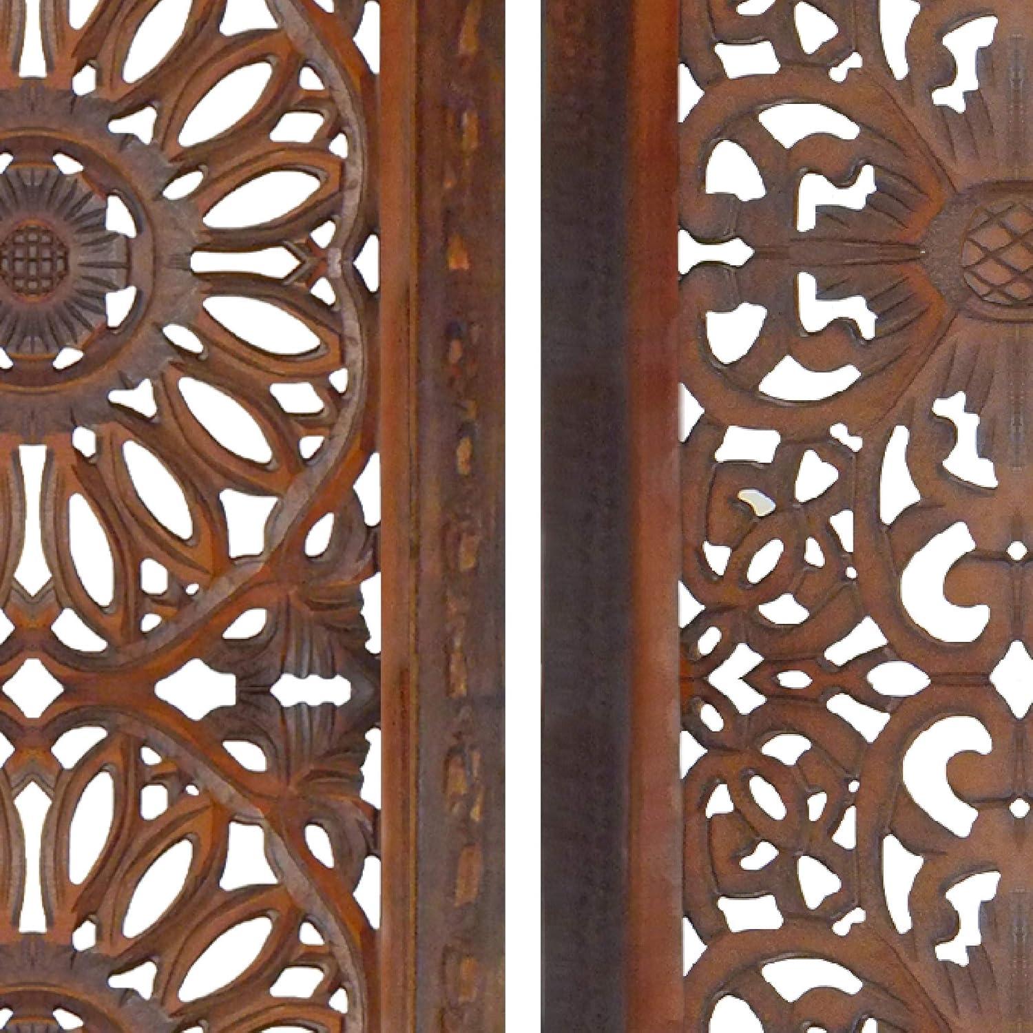 2 Piece Mango Wood Wall Panel Set with Mendallion Carving in Burnt Brown