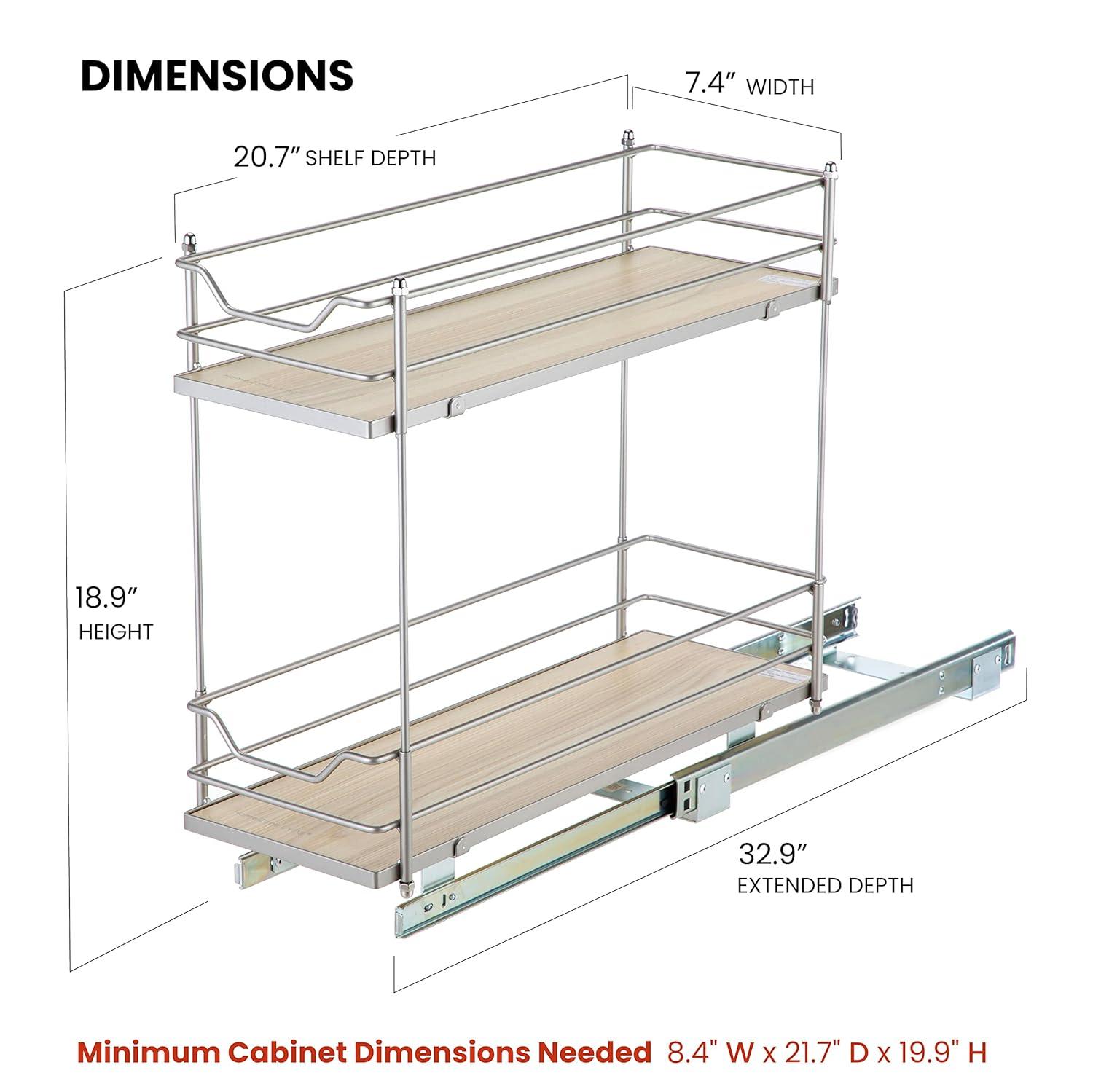 Home Zone Living 7.5” Width x 21” Depth 2 Shelf Pull Out Cabinet Organizer, Silver
