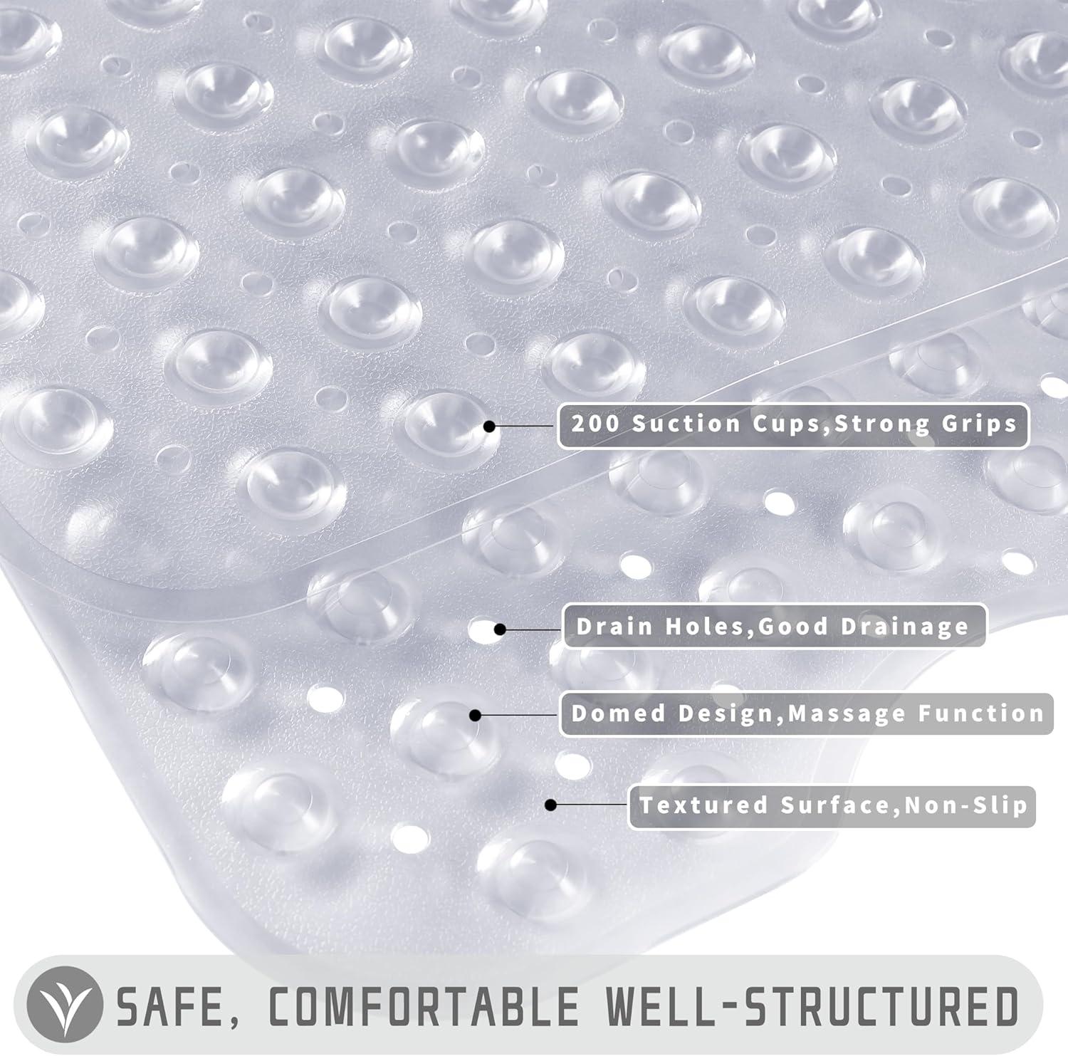 Yimobra Non Slip Bathtub Mat, Super Strong Suction Cups, 40"x16" Extra Long Shower Mat with Drain Holes, Machine Washable Fast Draining Bathroom Floor Mat, Clear Grey