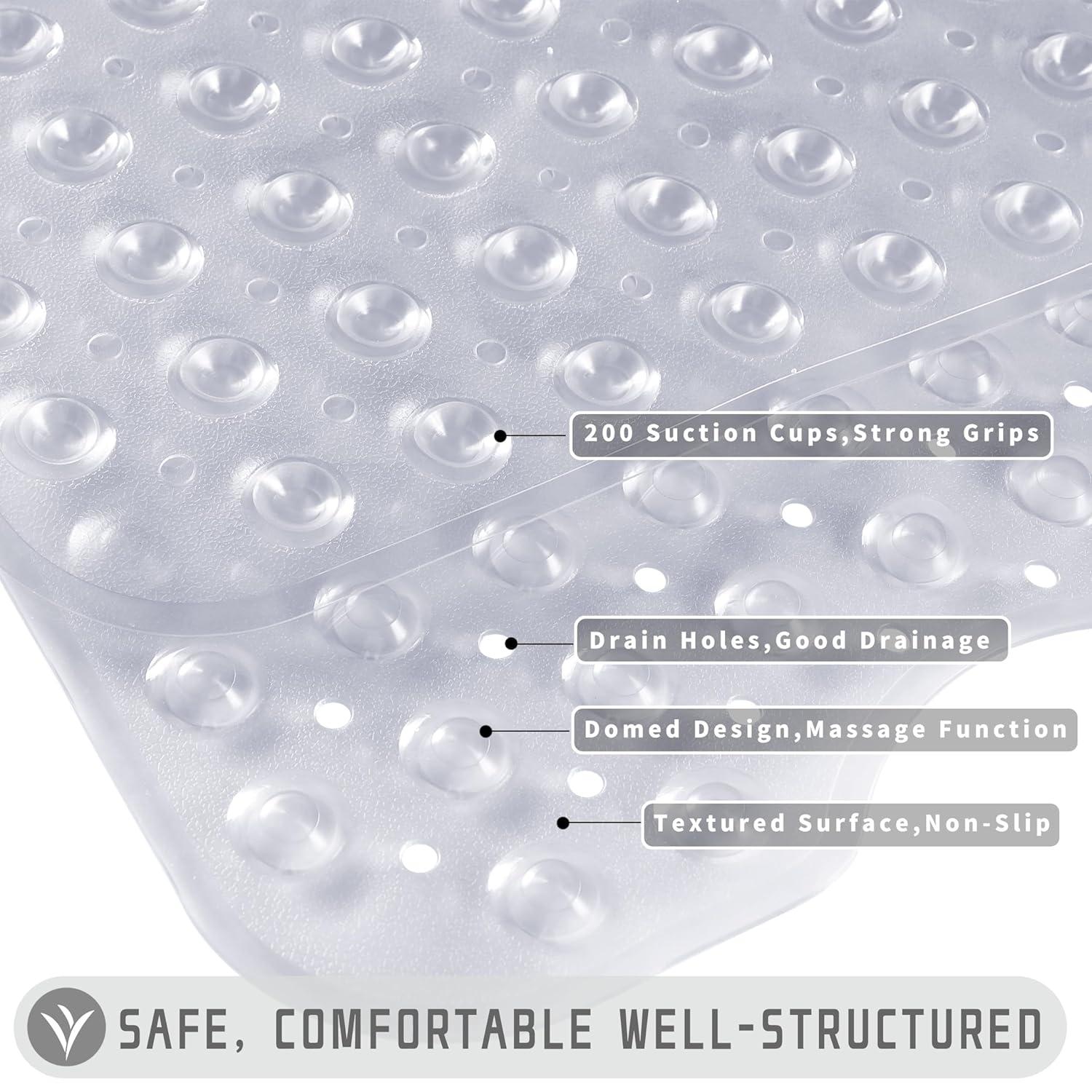 Yimobra Non Slip Bathtub Mat, Super Strong Suction Cups, 40"x16" Extra Long Shower Mat with Drain Holes, Machine Washable Fast Draining Bathroom Floor Mat, Clear Grey