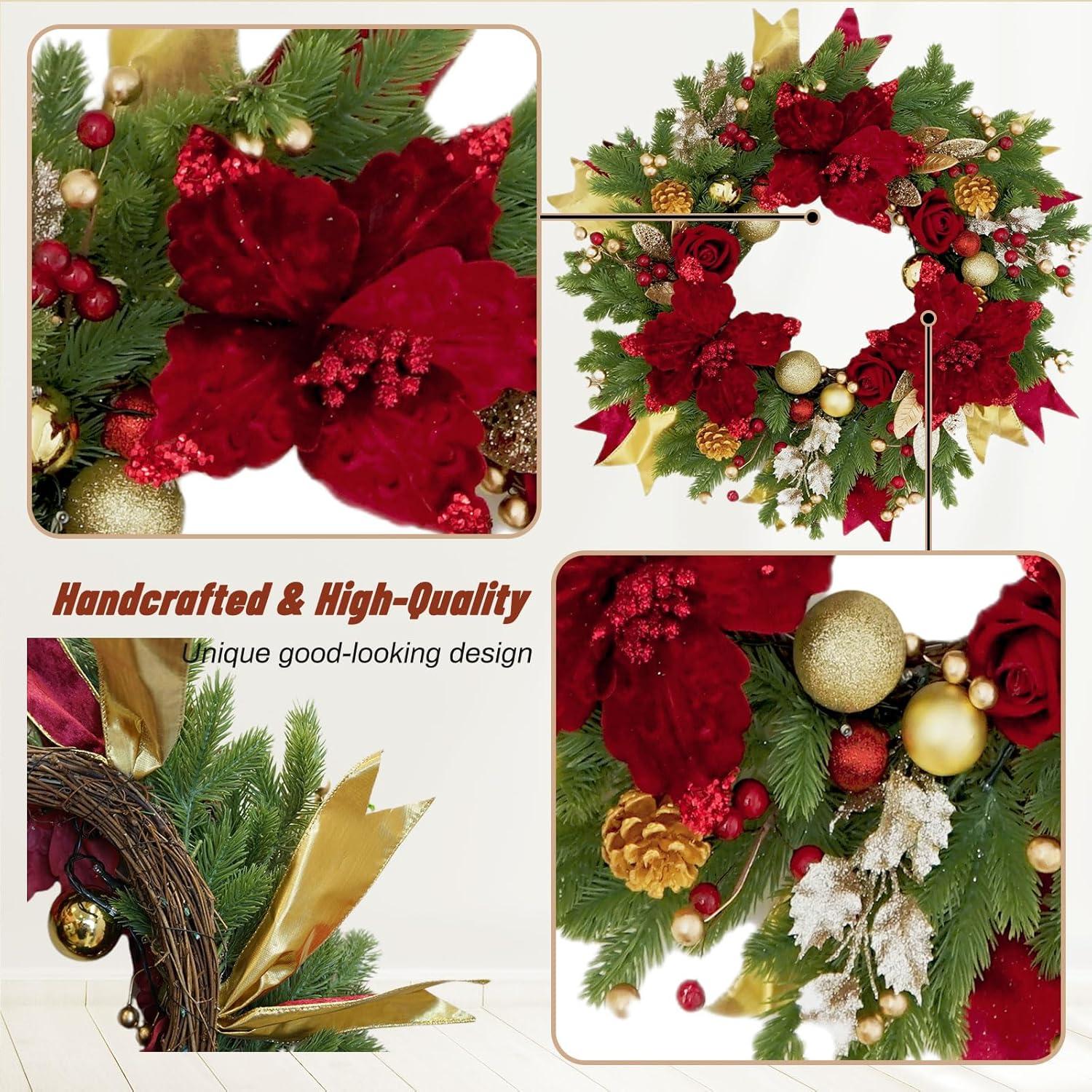 Wreaths for Front Door,Winter Wreaths for Indoor and Outdoor Decorations,Door Wreath with Red Flowers and Golden Ball,Pine Cones,Leaves,Ribbons,Berries for Decor