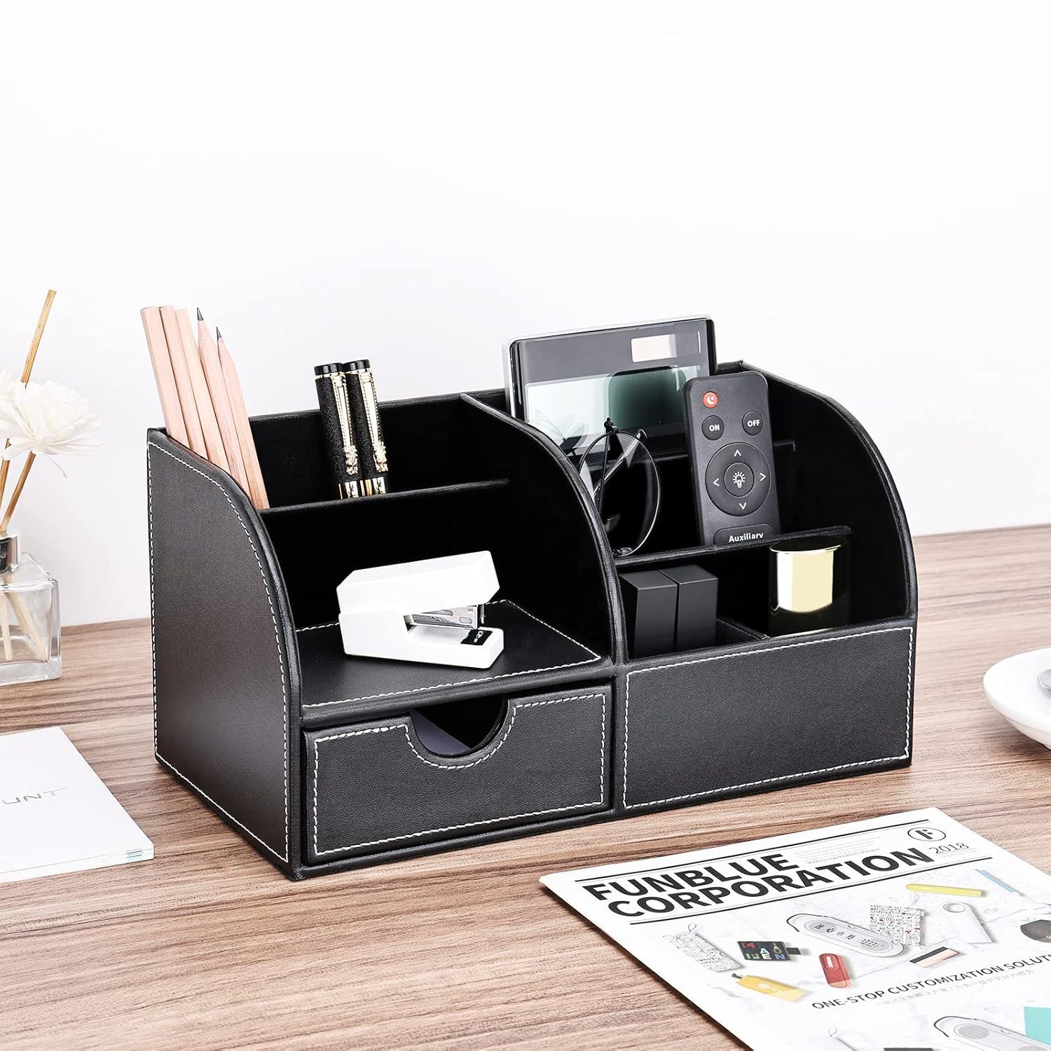 KINGFOM Pu Leather Desk Organizer Pen Pencil Holder Office Supplies Caddy Storage Box 6 Compartments with Drawer Black