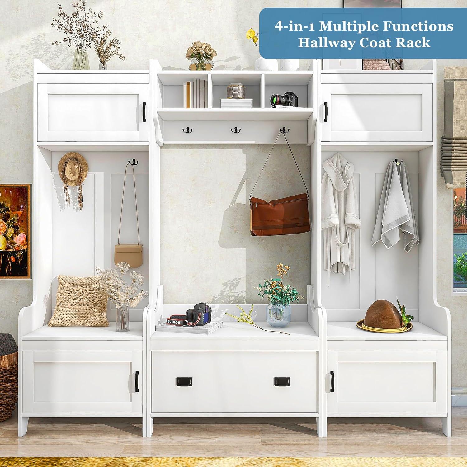 Hall Tree with Bench and Shoe Storage, 4 In 1 Entryway Bench with Coat Rack and 4 Cabinet, Mudroom Bench with 7 Double Hooks, 2 Open Shelves and 1 Drawer Entryway (White, 78.7"L x 15"W x 72"H)