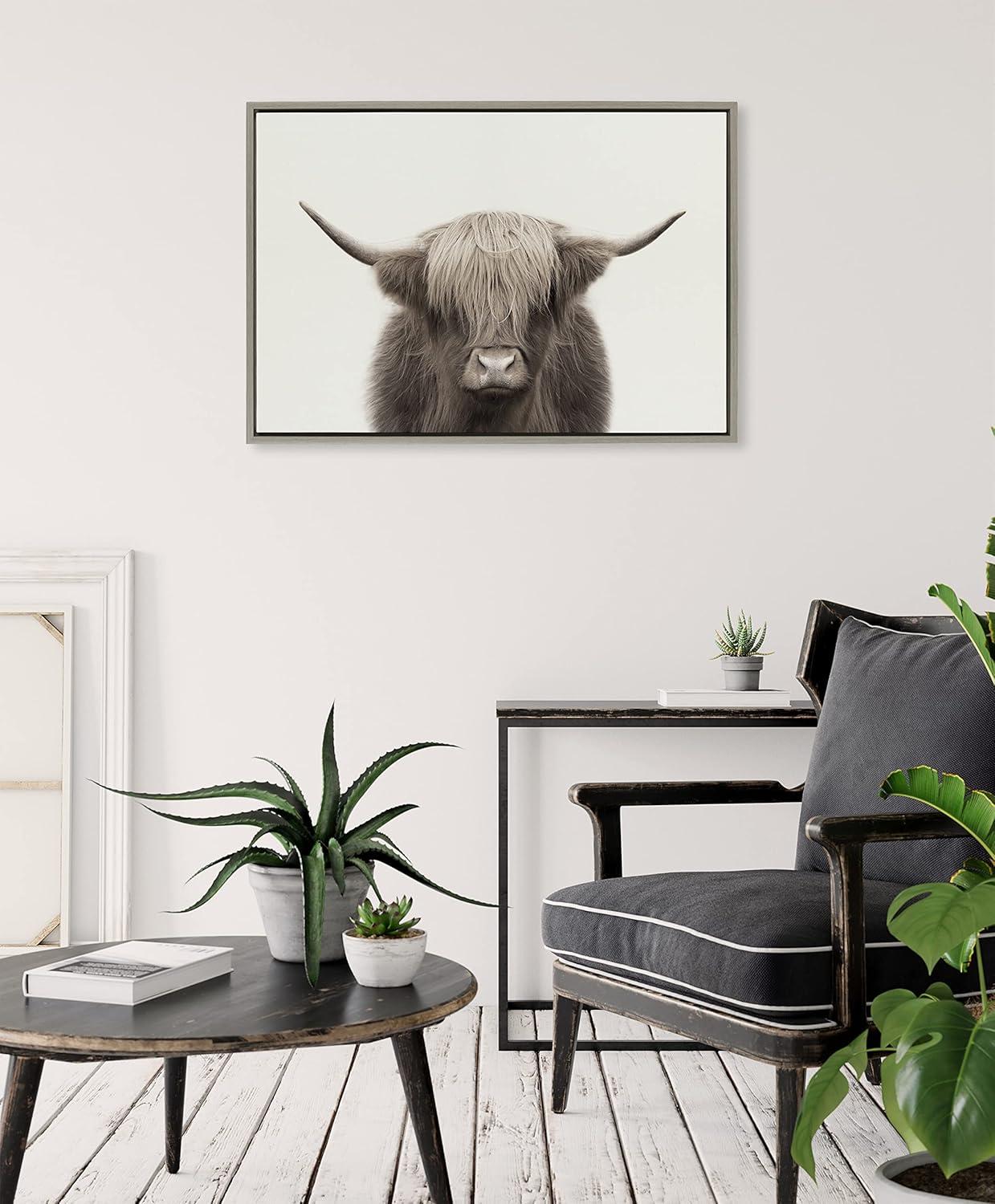 Kate and Laurel Sylvie Hey Dude Highland Cow Color Framed Canvas by The Creative Bunch Studio, 23x33, Gray