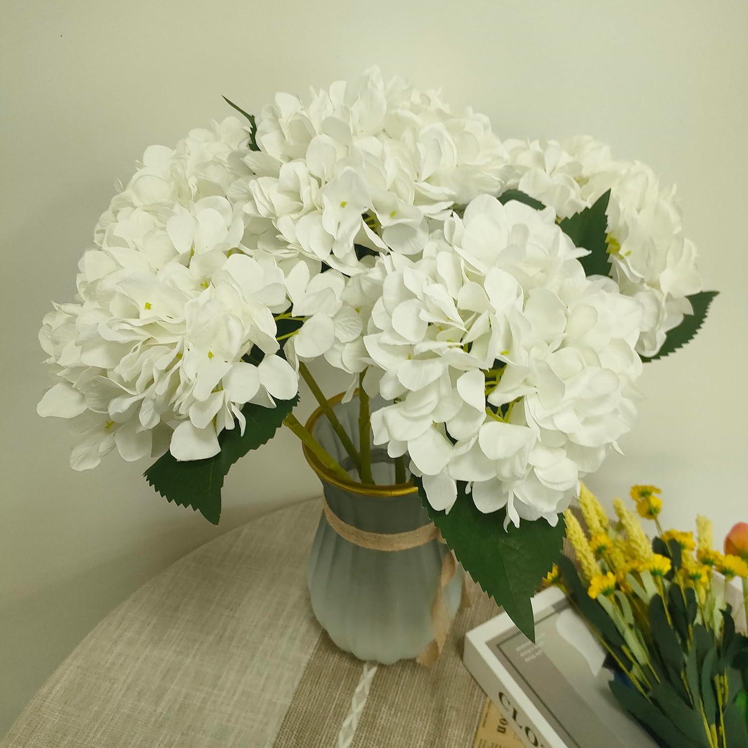 Tkrady 6pcs White Flowers Artificial Silk Hydrangea Flowers Bouquets Hydrangea Stems for Home Table Centerpieces Wedding Party Decoration (White)