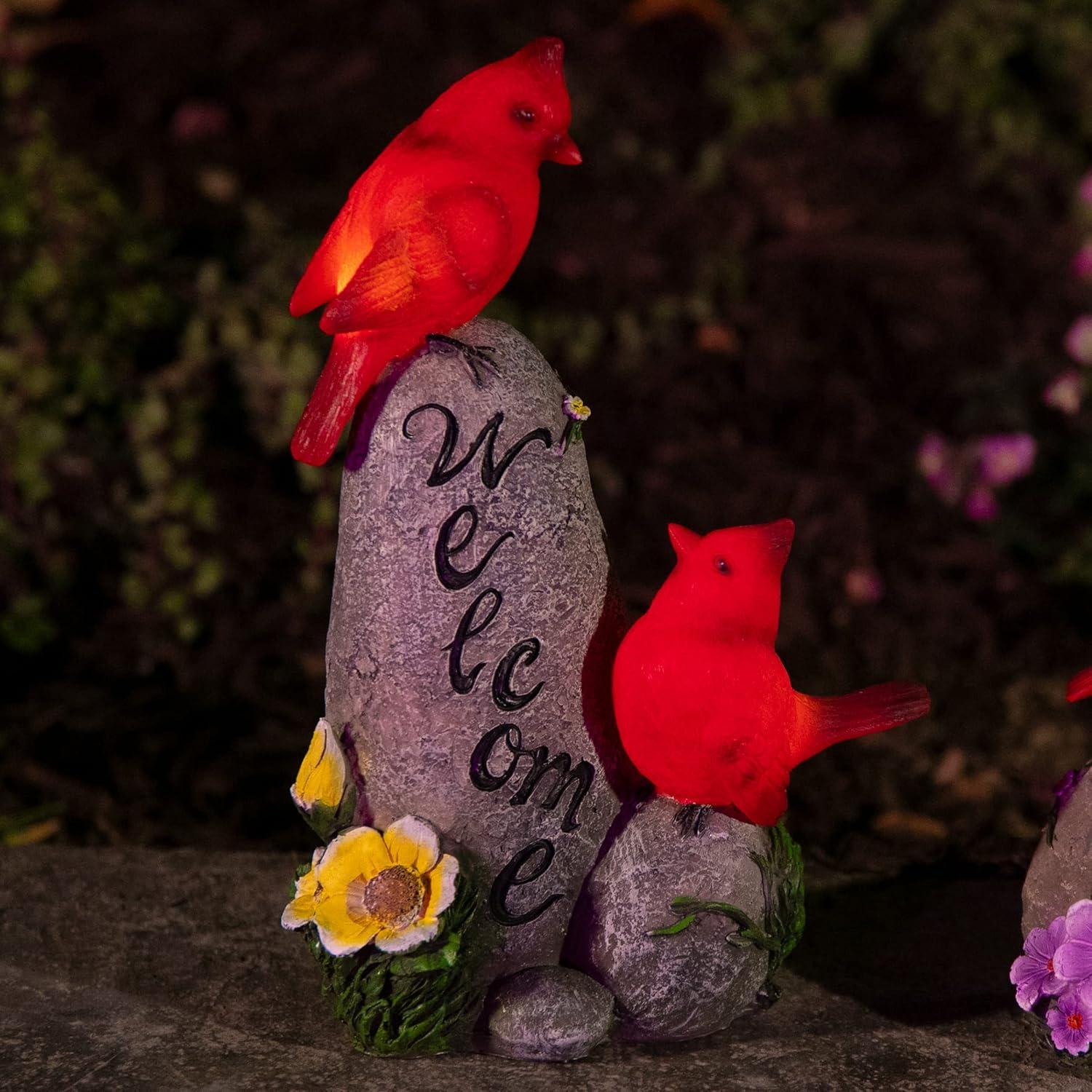 Exhart Exhart Solar Cardinals On A Hand Painted Welcome Rock Garden Statuary, 12 Inches