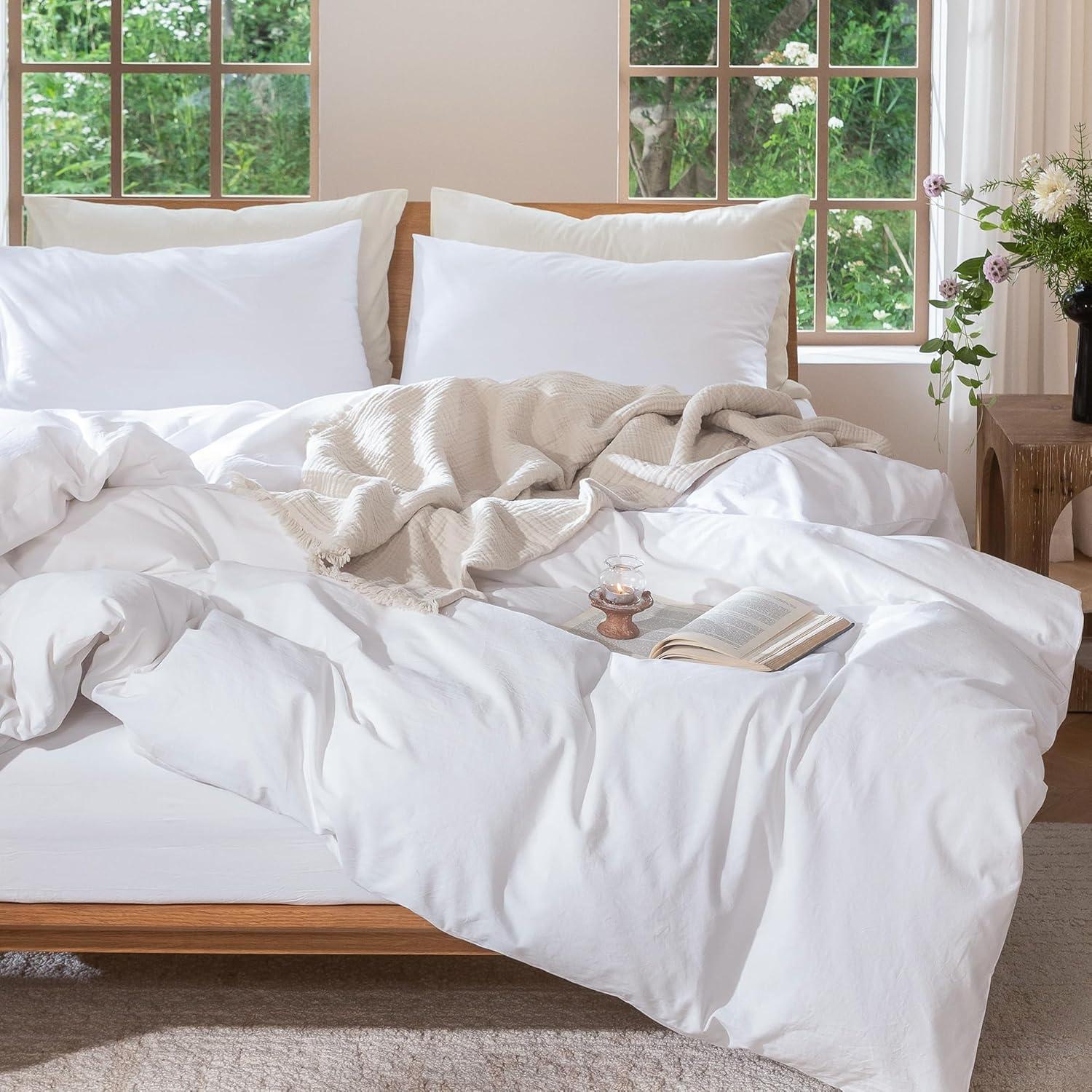 MOOMEE Linen Like Textured 100% Washed Cotton Twill Duvet Cover Set Ultra Soft