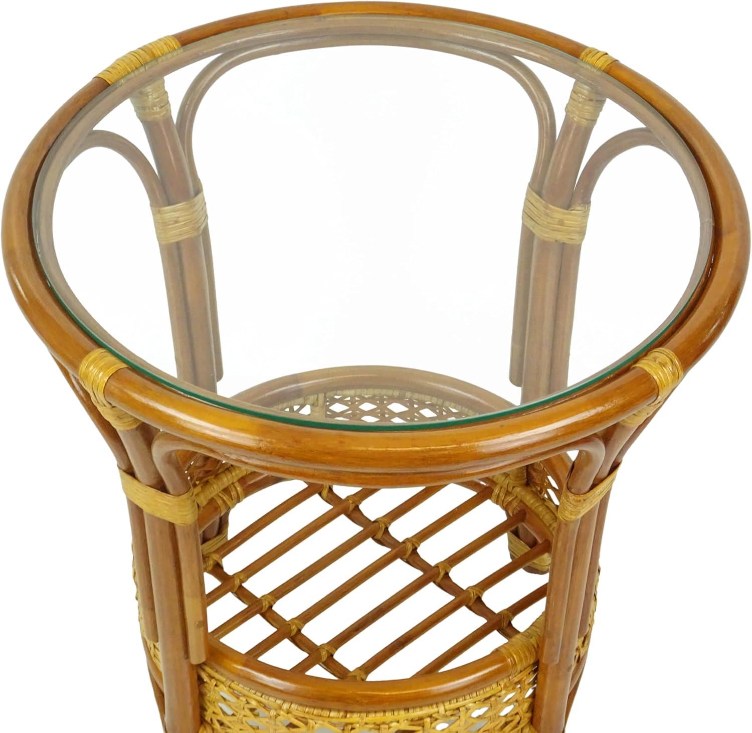 SK New Interiors Pelangi Coffee Round Table Natural Rattan Wicker with Glass Top Handmade, Colonial