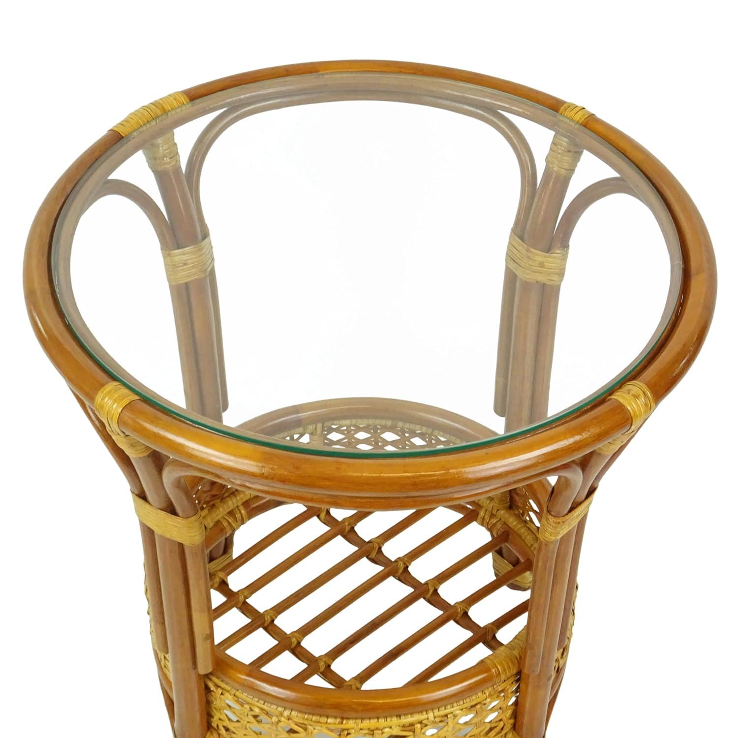 SK New Interiors Pelangi Coffee Round Table Natural Rattan Wicker with Glass Top Handmade, Colonial
