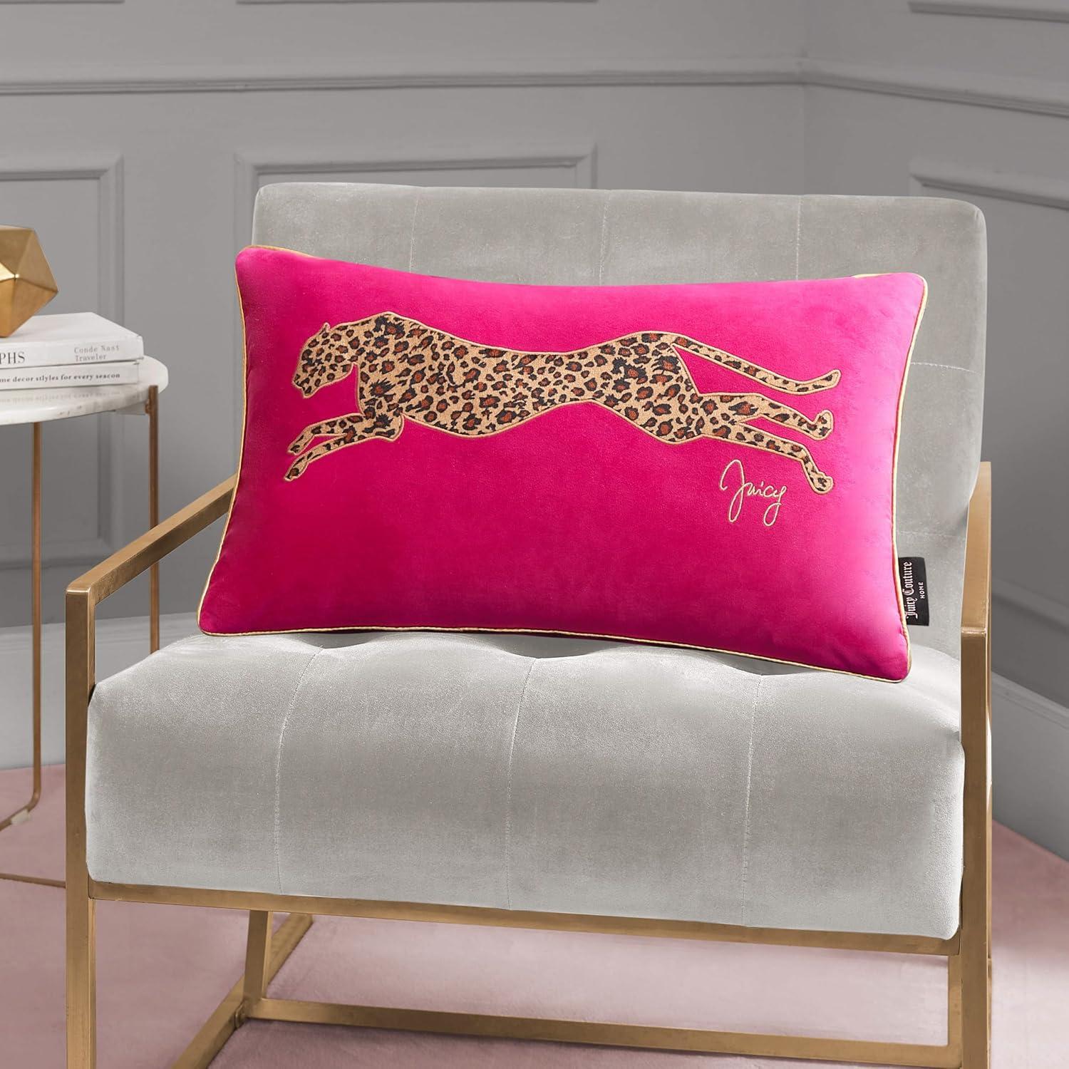 Hot Pink Velvet Cheetah Embroidered Rectangular Pillow