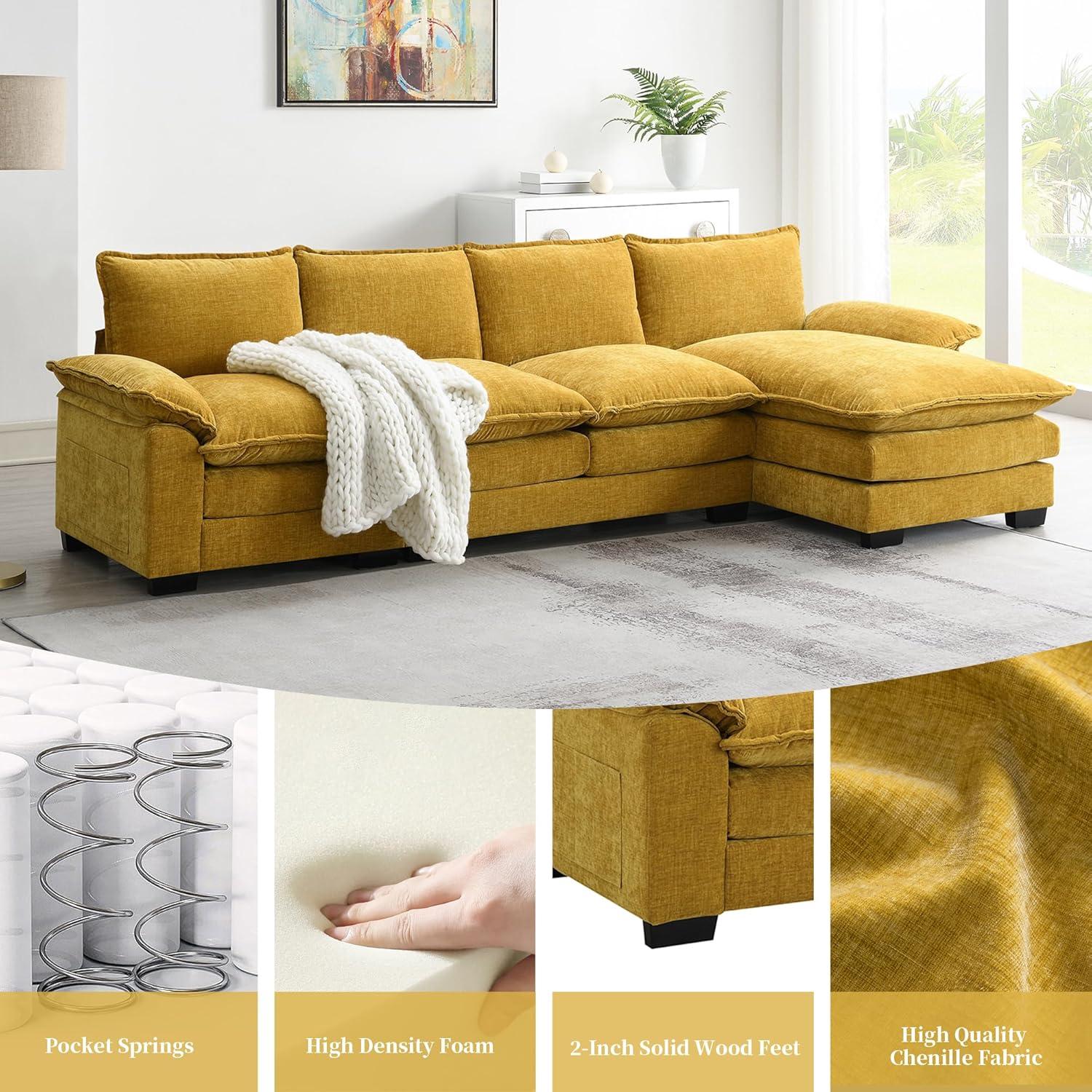 118'' Ginger Chenille L-Shaped Sofa with Chaise and Solid Wood Legs