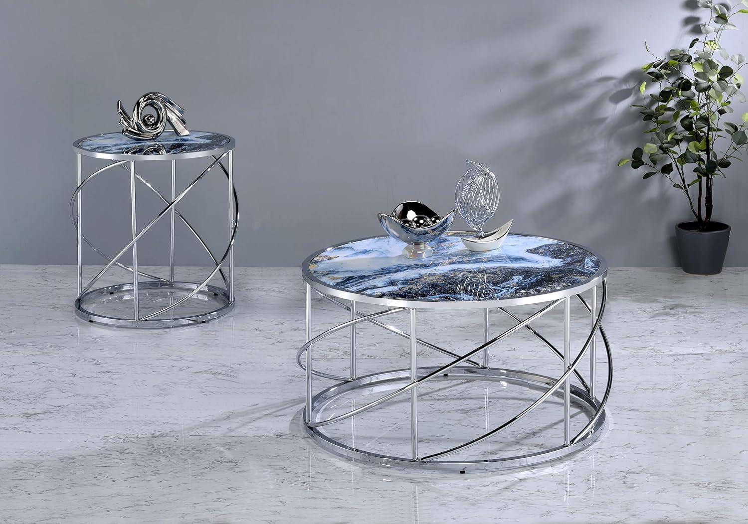 Lyda Round Blue Marble Print and Chrome End Table