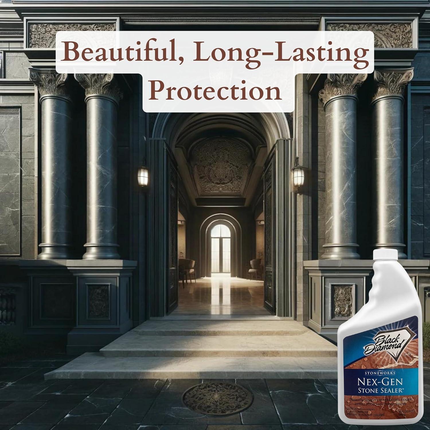 Black Diamond Stoneworks NEX-GEN Natural Stone Penetrating Sealer: Long-Lasting Protection Interior and Exterior ; Granite, Marble, Travertine, Limestone, Grout, Tile, Brick, Slate Floors