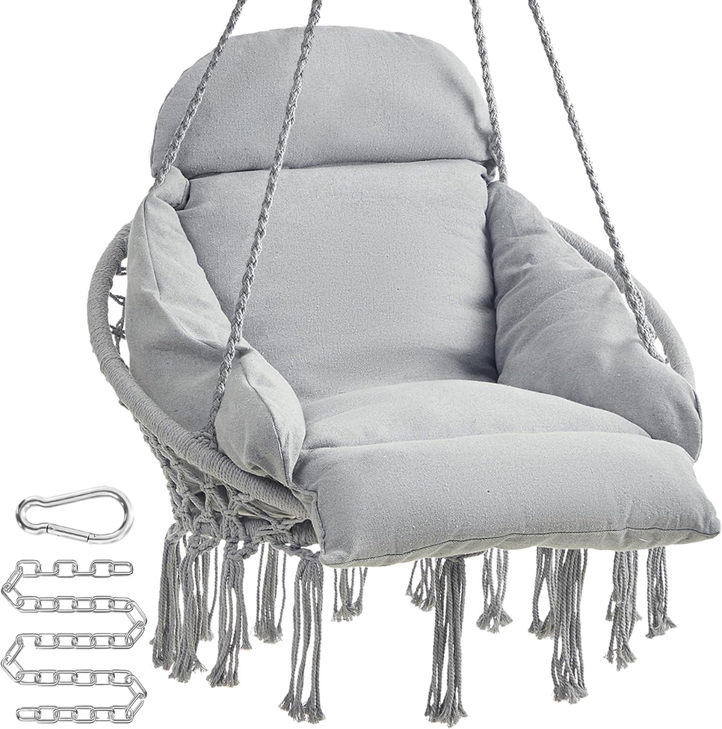 SONGMICS Hanging Chair, Hammock Chair with Large, Thick Cushion, Boho Swing Chair for Bedroom, Patio, Balcony, Garden, Holds up to 264 lb, Accessories Included, Dove Gray UGDC042G11