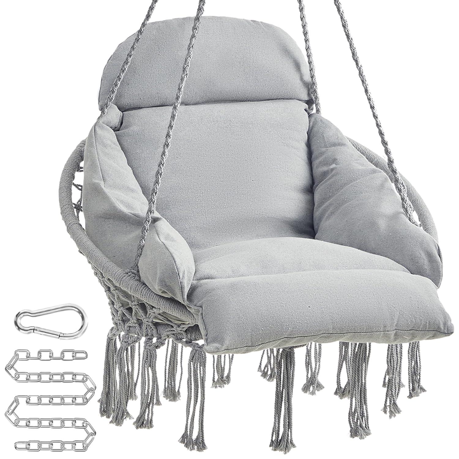 SONGMICS Hanging Chair, Hammock Chair with Large, Thick Cushion, Boho Swing Chair for Bedroom, Patio, Balcony, Garden, Holds up to 264 lb, Accessories Included, Dove Gray UGDC042G11