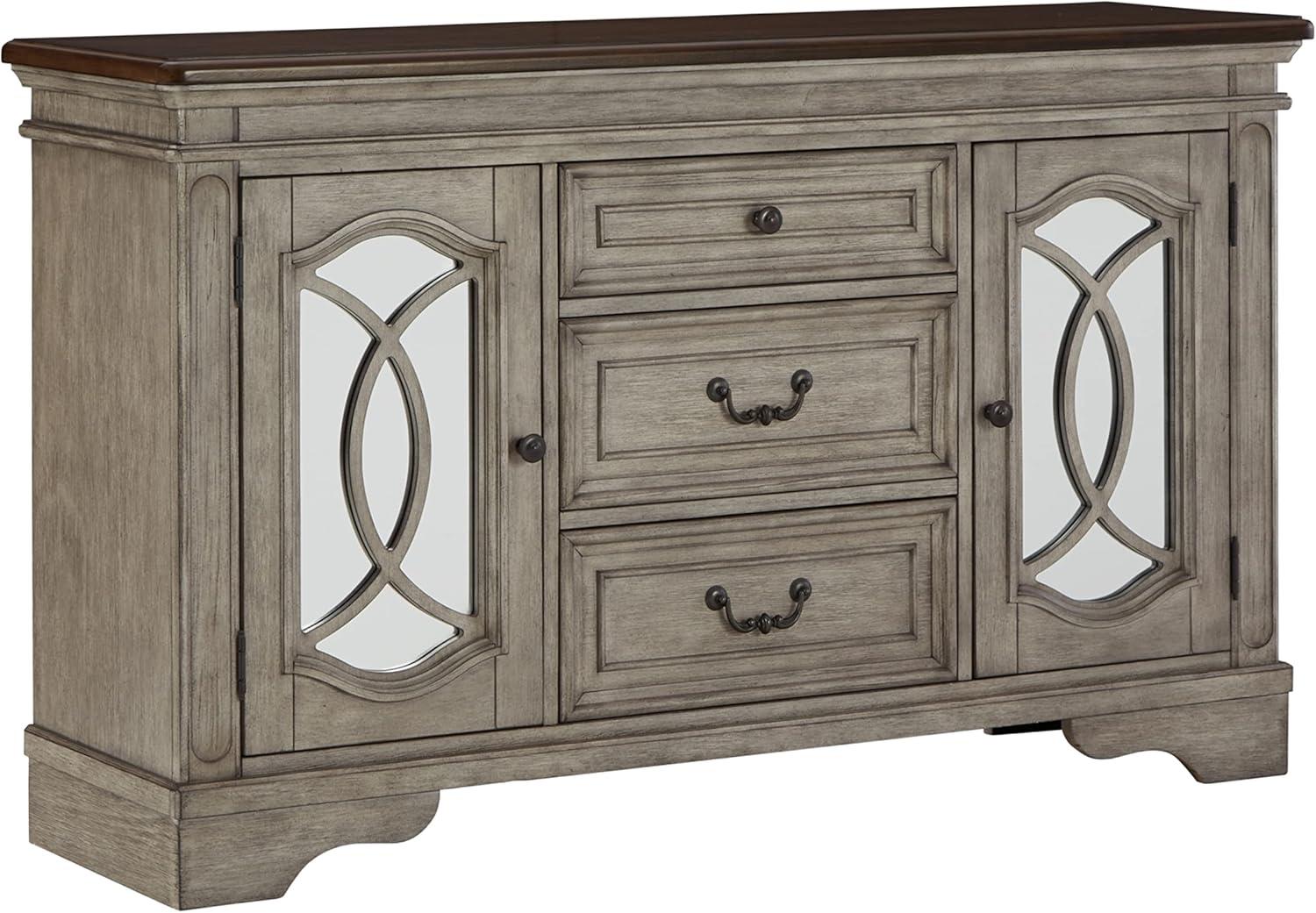 Gray and Dark Brown Wood Dining Server with Mirrored Doors