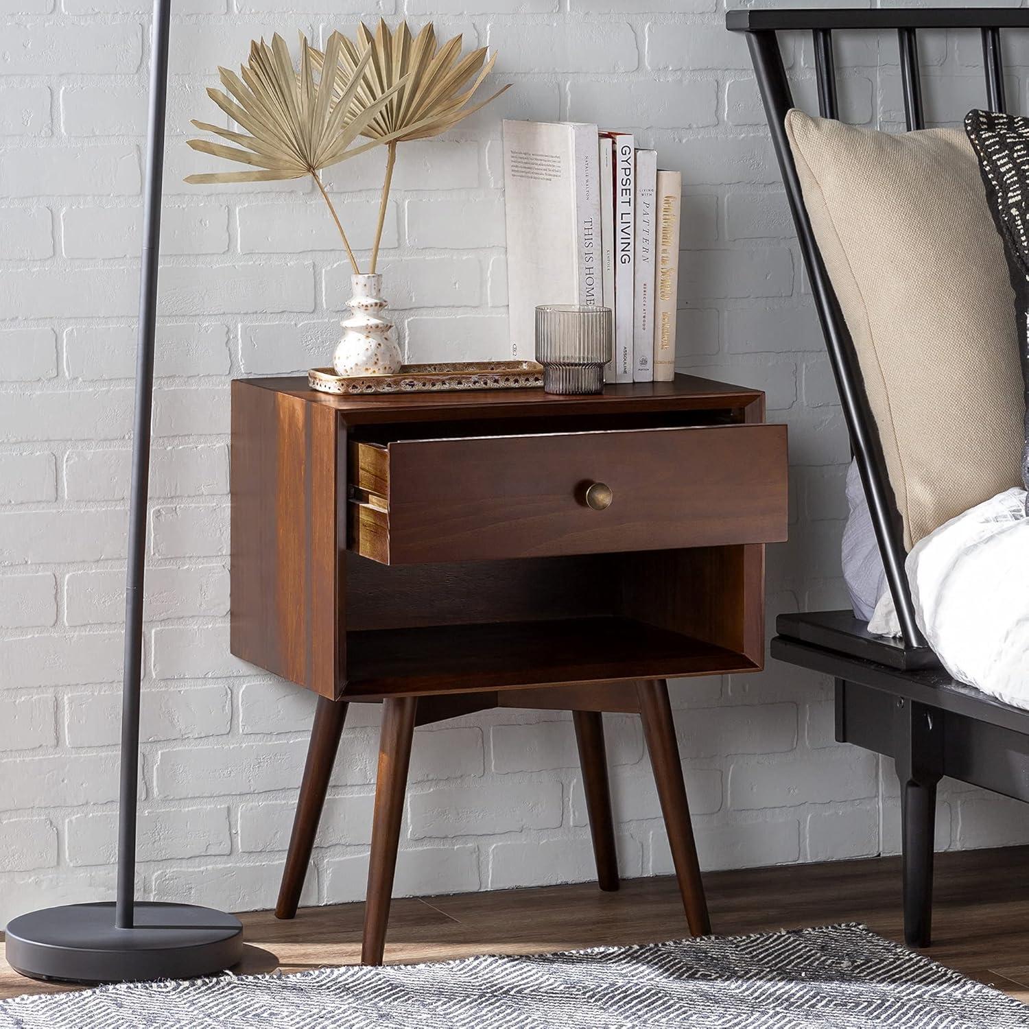 Walker Edison 2-Piece Mid-Century Solid Pine Wood Bedroom Nightstand in Walnut