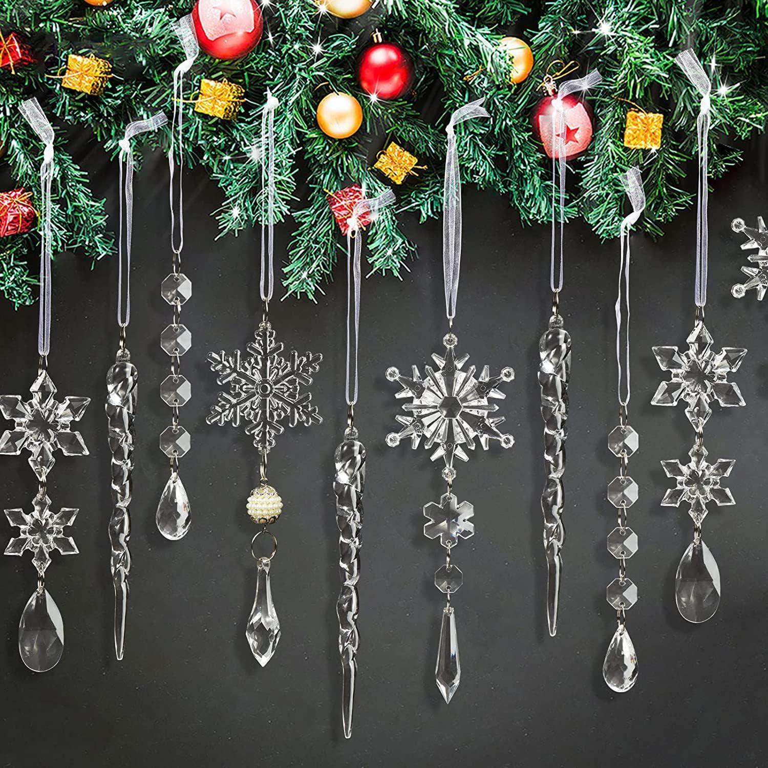 MGEZCOO Christmas Acrylic Snowflake and Icicle Ornaments Set, 18 Pieces - Crystal-Clear Holiday Tree Decorations