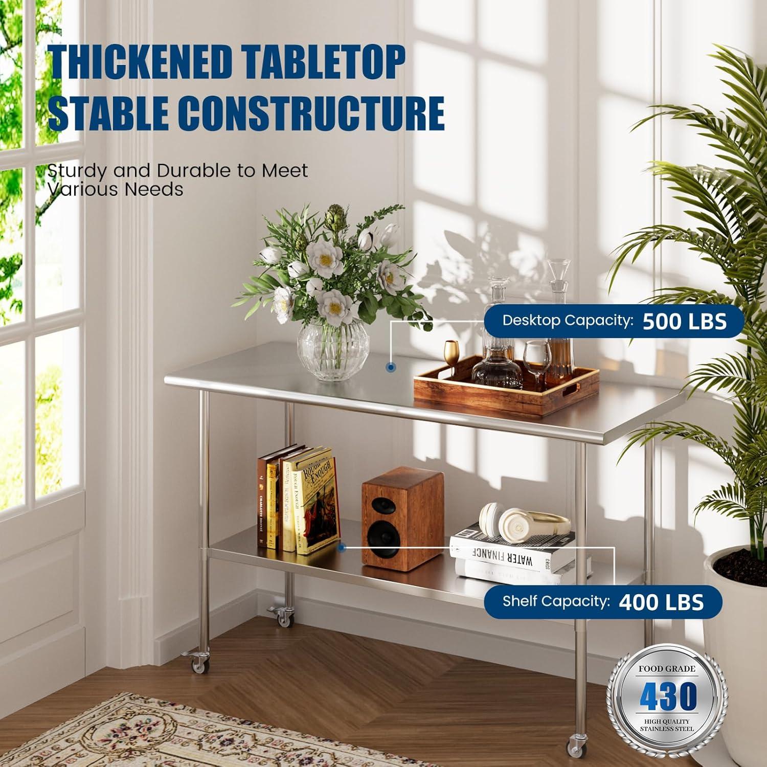 Stainless Steel Table with Wheels 24 x 60 Inches Metal Prep Table with Adjustable Undershelf for Commercial Kitchen, Outdoor, Restaurant, Hotel & Garage