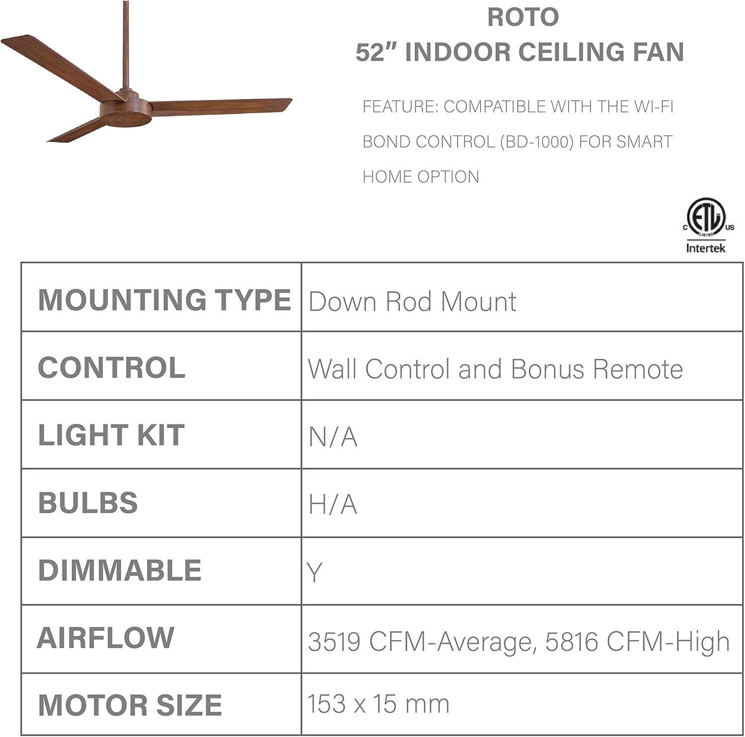 52" Roto 3 - Blade Propeller Ceiling Fan with Wall Control