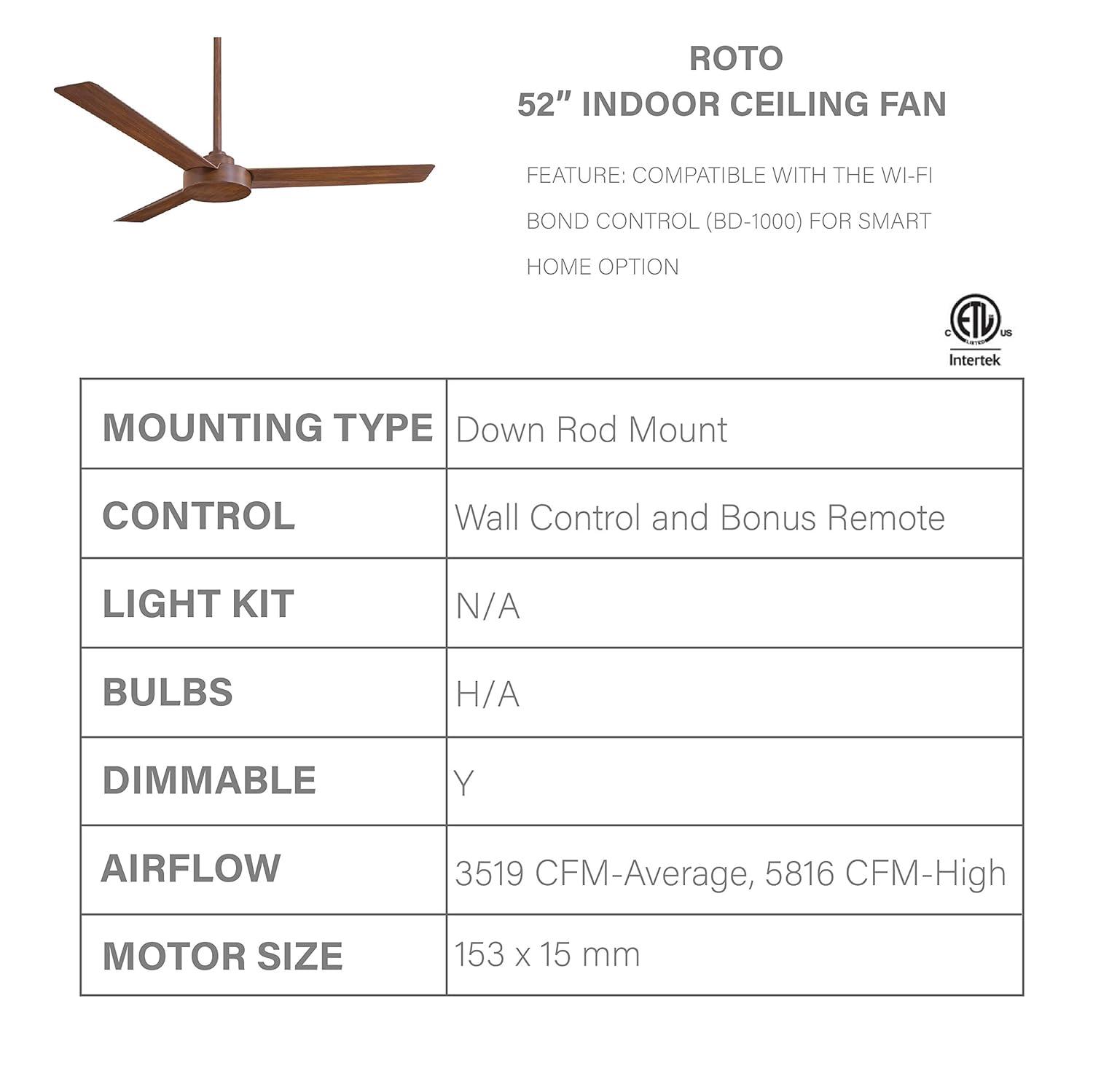 52" Roto 3 - Blade Propeller Ceiling Fan with Wall Control
