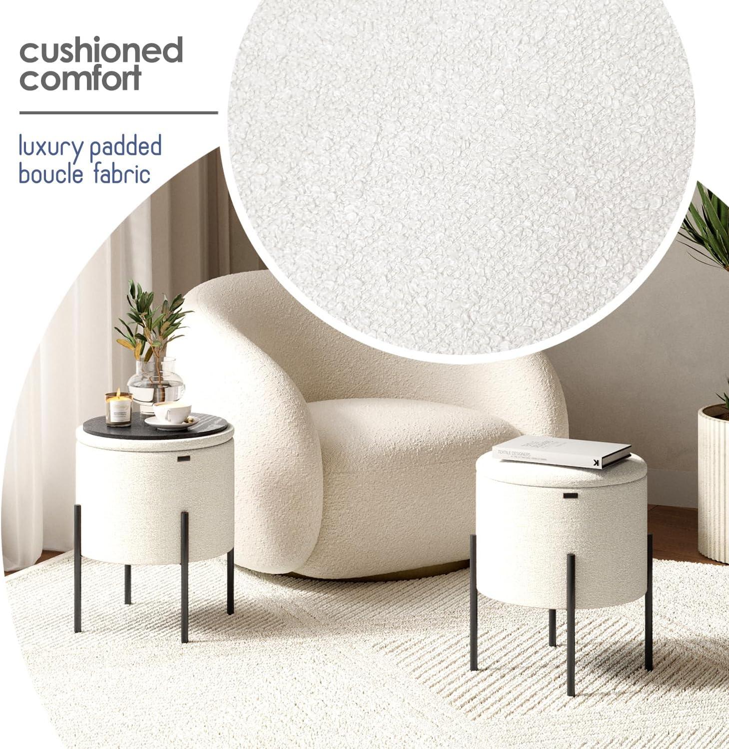 StorageBud Round Ottoman with Storage, Modern Boucle Storage Ottoman, Small Foot Stool Ottoman for Living Room and Bedroom, White