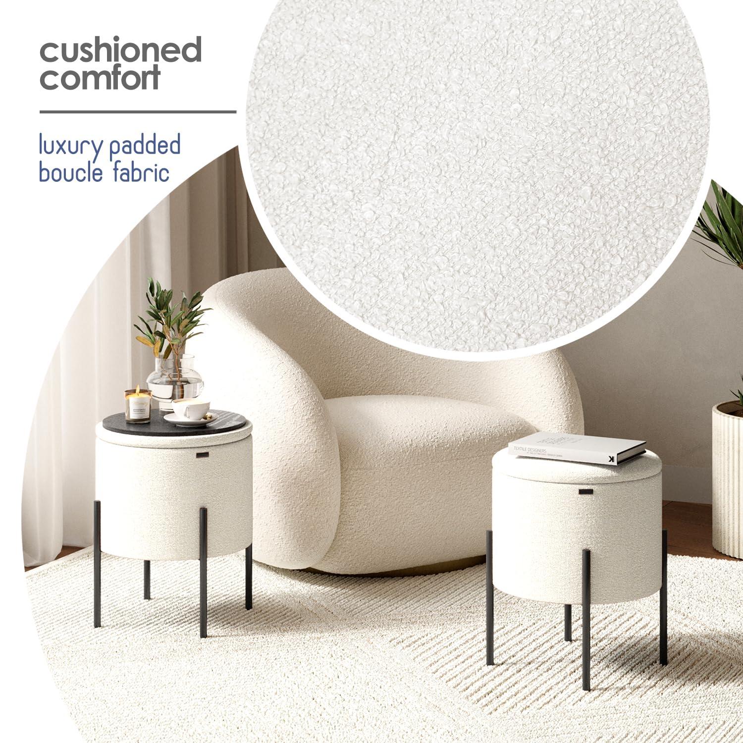 StorageBud Round Ottoman with Storage, Modern Boucle Storage Ottoman, Small Foot Stool Ottoman for Living Room and Bedroom, White