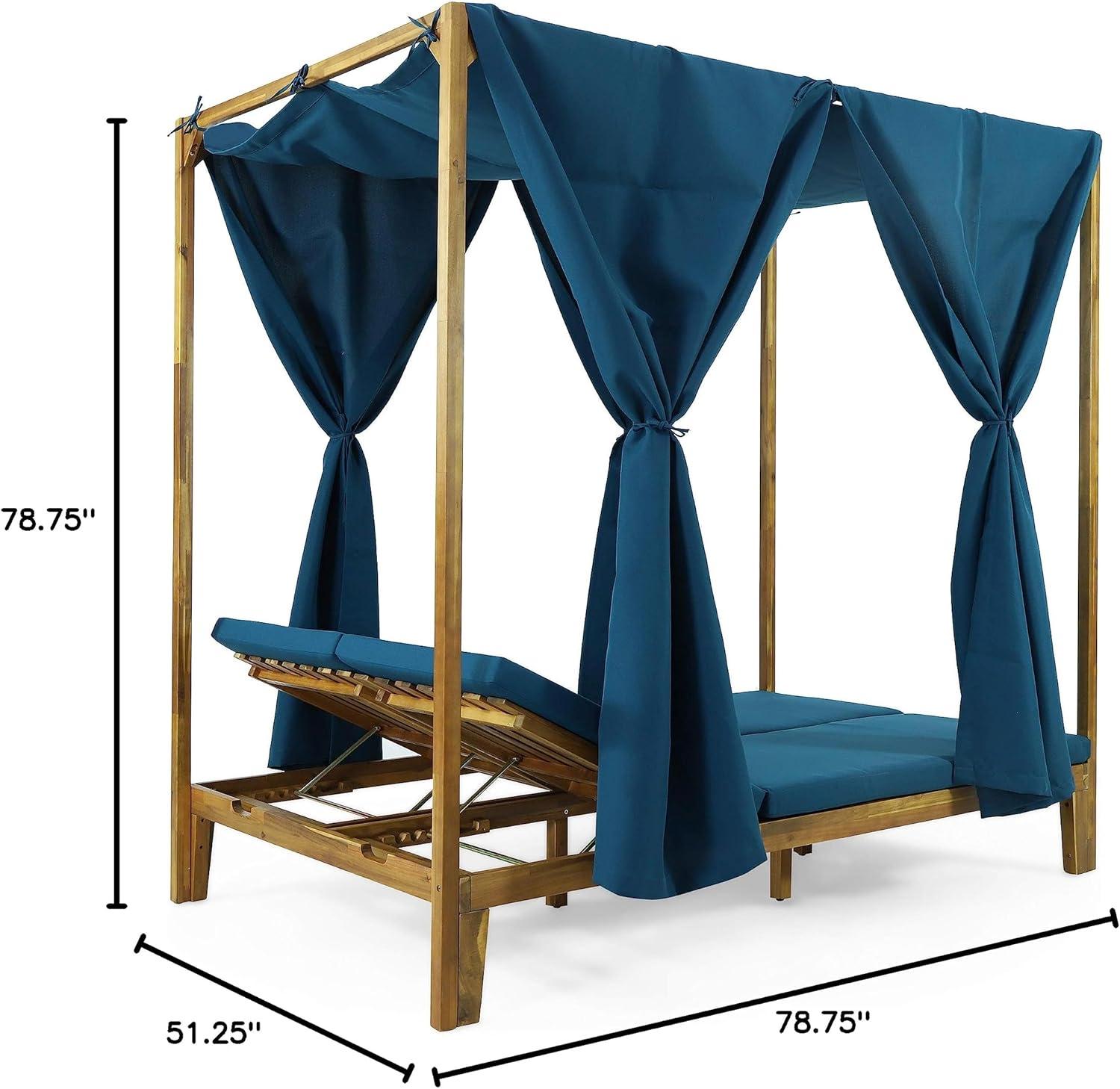 Christopher Knight Home Kinzie Outdoor 2-seat Adjustable Acacia Daybed w/ Curtains by  - 51.25" L x 78.75" W x 78.75" H Teak + Blue