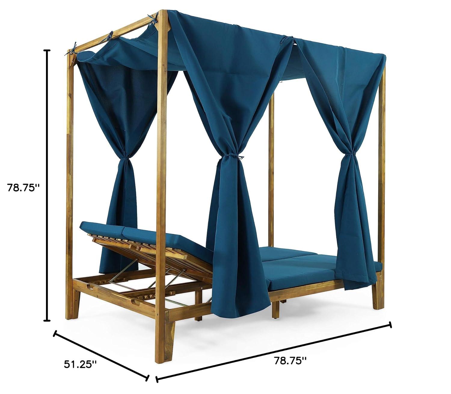 Christopher Knight Home Kinzie Outdoor 2-seat Adjustable Acacia Daybed w/ Curtains by  - 51.25" L x 78.75" W x 78.75" H Teak + Blue