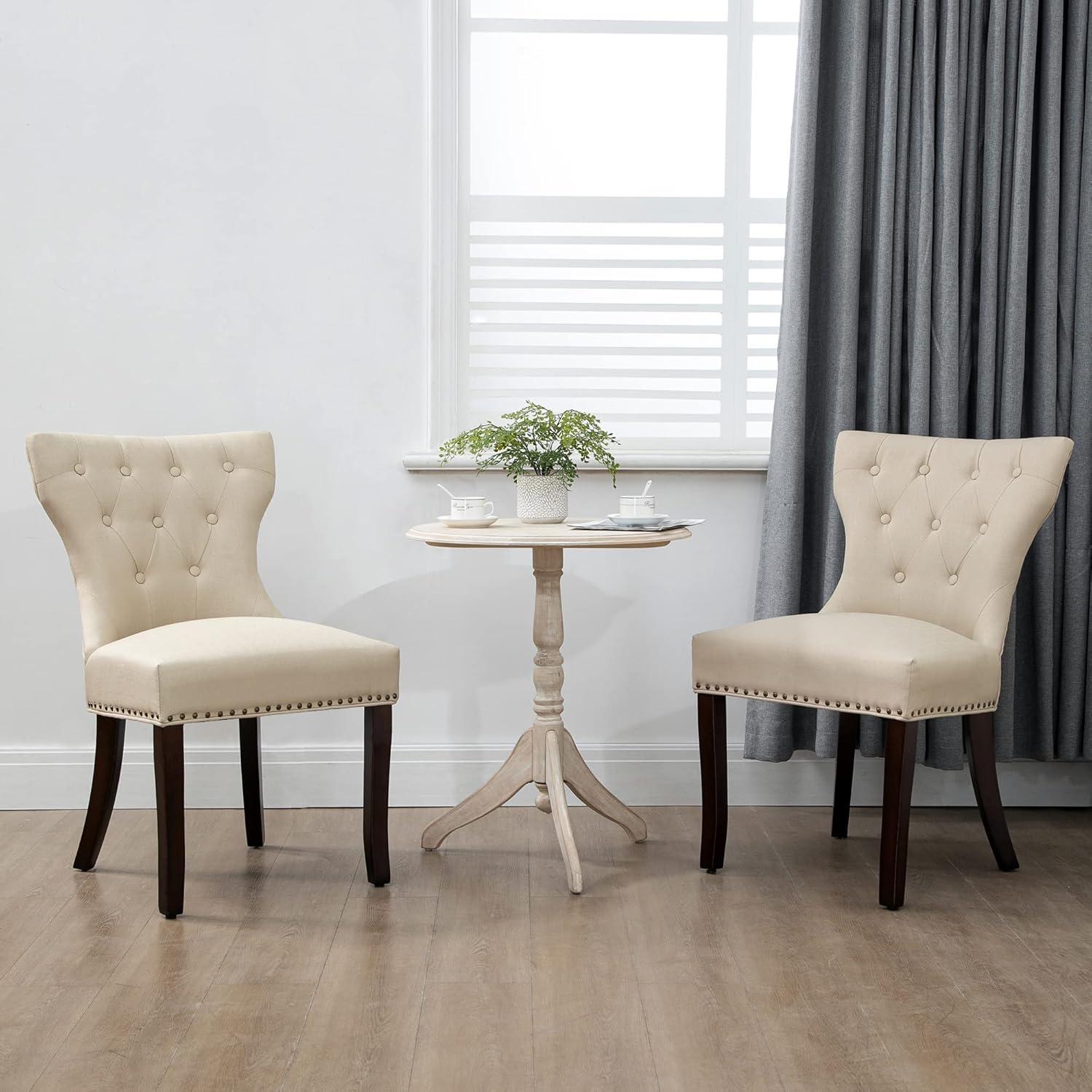 Beige Upholstered Tufted Side Chairs with Nailhead Trim, Set of 2