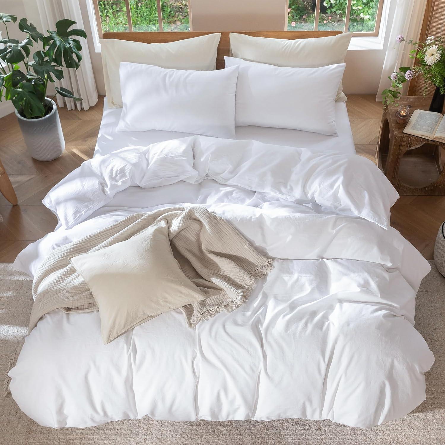 MOOMEE Linen Like Textured 100% Washed Cotton Twill Duvet Cover Set Ultra Soft