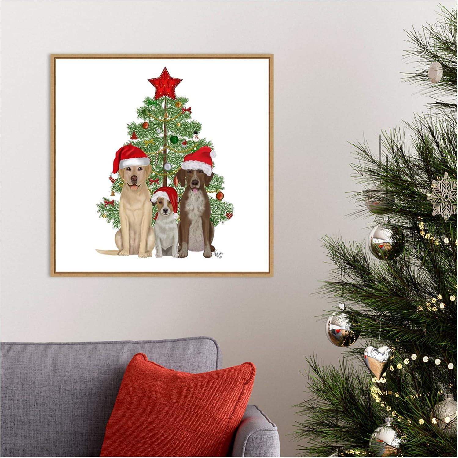 Amanti Art Christmas Dog Trio Tree Framed Canvas Wall Art Print