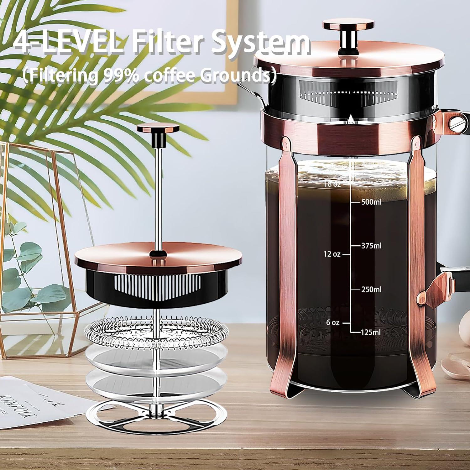French Press Coffee Maker (21oz 600ML 3-4Cup) Coffee Press, with 4 Filters System, Heat Resistant Thickness Borosilicate Glass, Cold Brew Coffee Tea Pot Gifts (Copper)