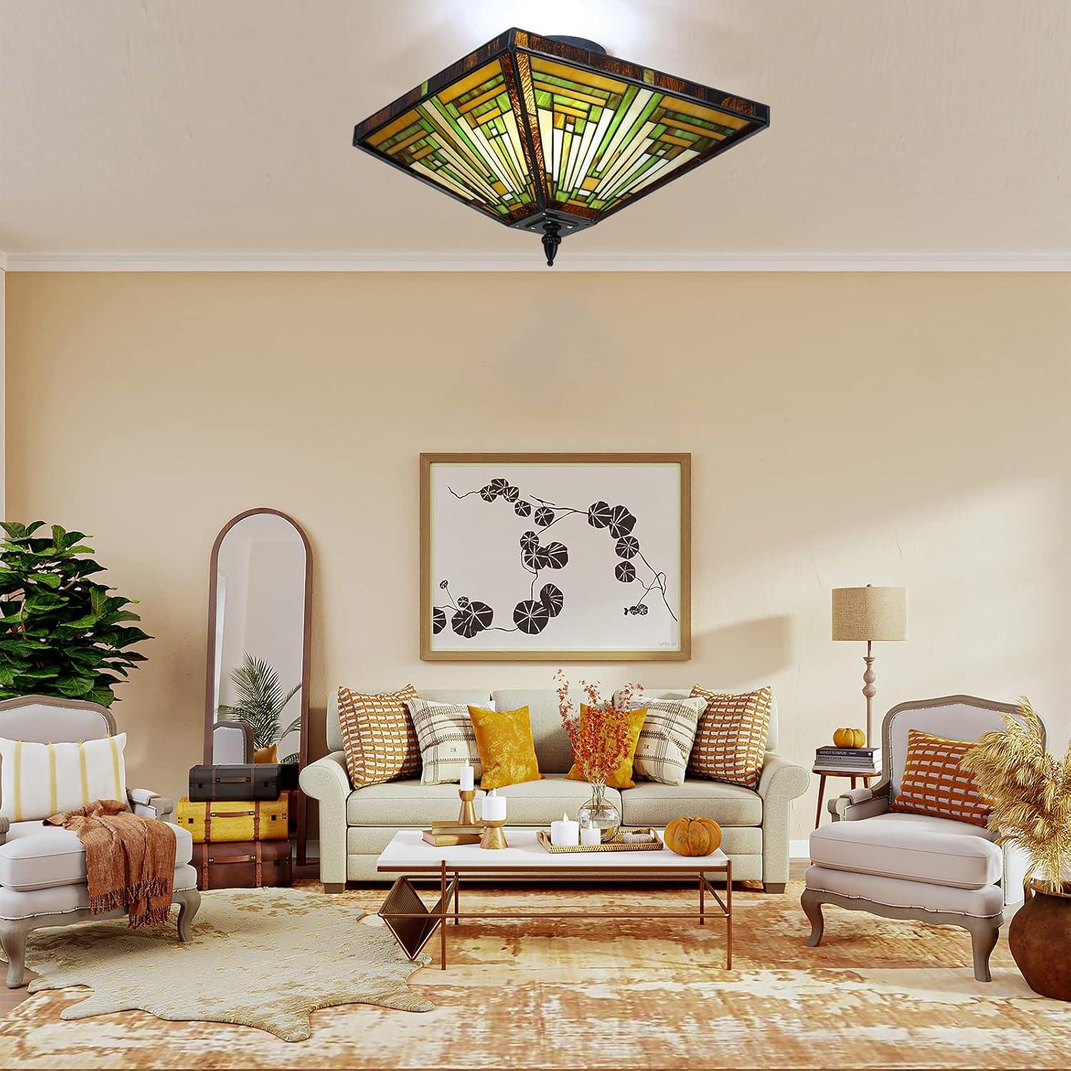 Chloe Lighting Innes Tiffany-Style 2 Light Mission Semi-Flush Ceiling Fixture 14" Shade