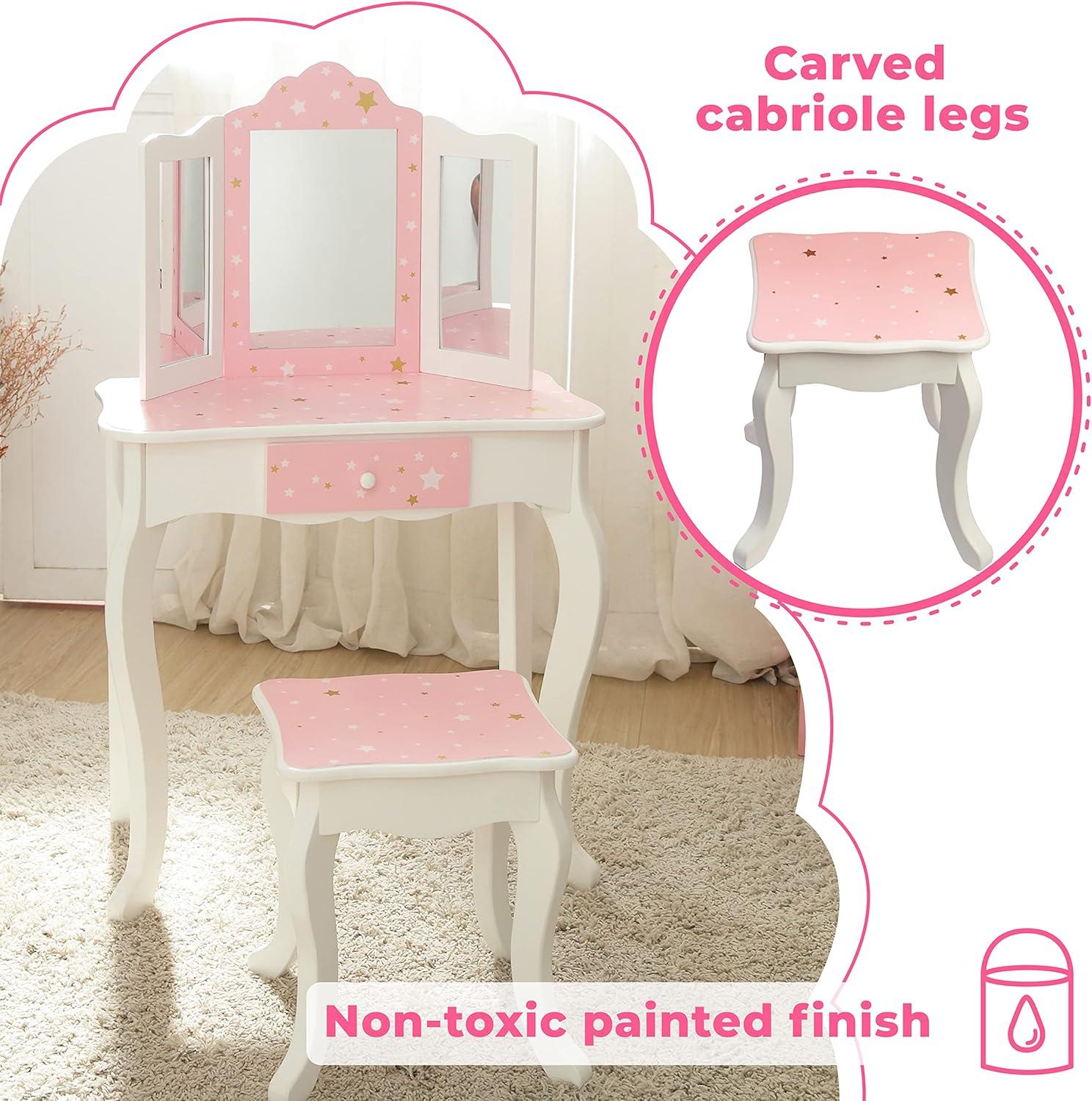 Teamson Kids Gisele 2pc Twinkle Star Prints Wooden Kids' Vanity Set White/Pink/Gold