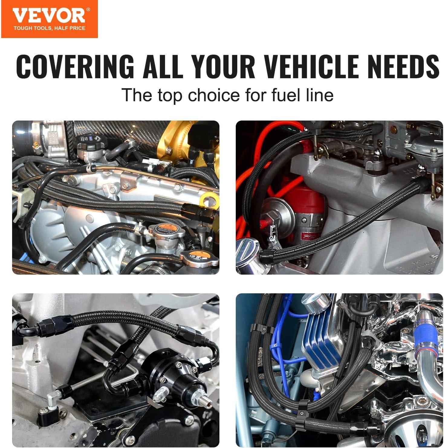 VEVOR 6AN Fuel Line Kit, 20 FT Fuel Hose Kit, 0.34" Nylon Stainless Steel Braided Fuel Line Oil/Gas/Diesel Hose End Fitting Kit, with 12 PCS Swivel Fitting Adapter Kit, Black