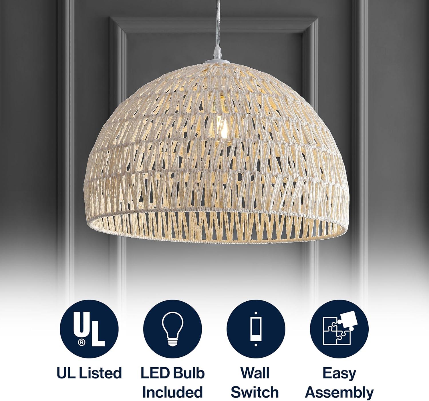 Campana 20" 1-Light Bohemian Modern Woven Rope/Iron LED Pendant, Cream