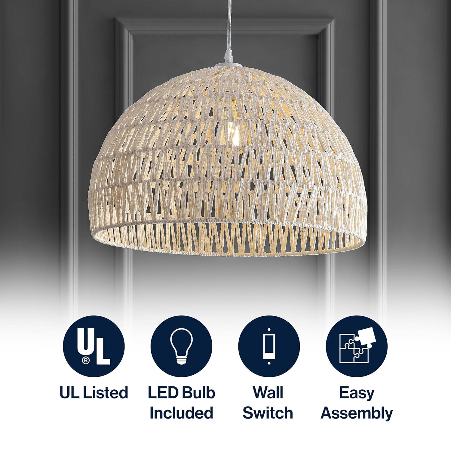 Campana 20" 1-Light Bohemian Modern Woven Rope/Iron LED Pendant, Cream