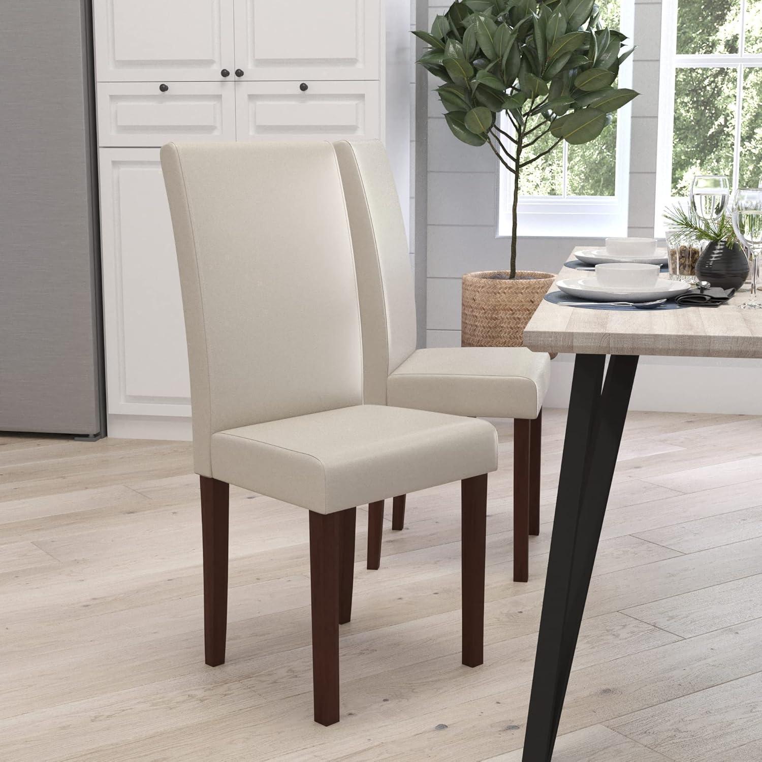 Merrick Lane Mid-Century Panel Back Parsons Accent Dining Chair in Beige Faux Leather