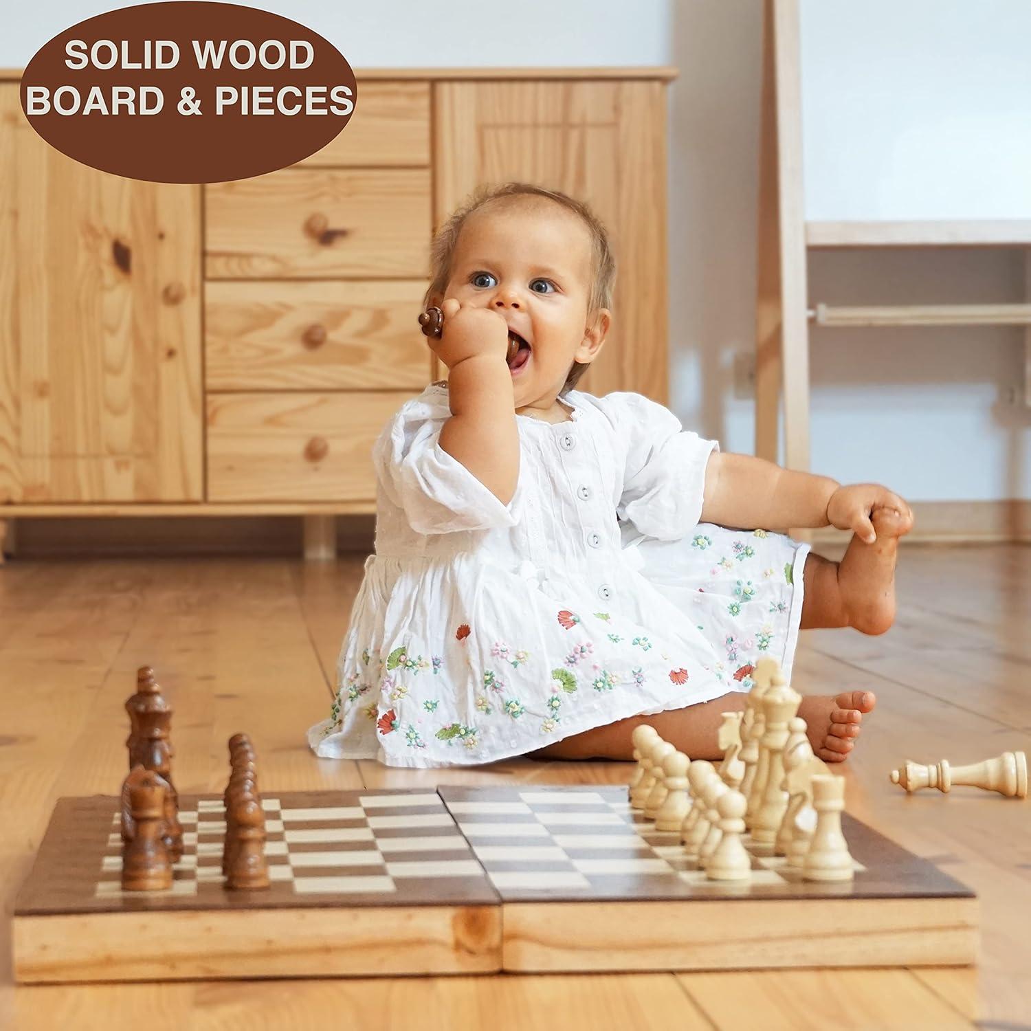 Wooden Chess Set 17 In Staunton Chess Set - Large Folding Chess Board Game Sets - Storage For Pieces | Wood Pawns - Unique E-Book For Beginner - 2 Extra Queens | For Kids & Adults