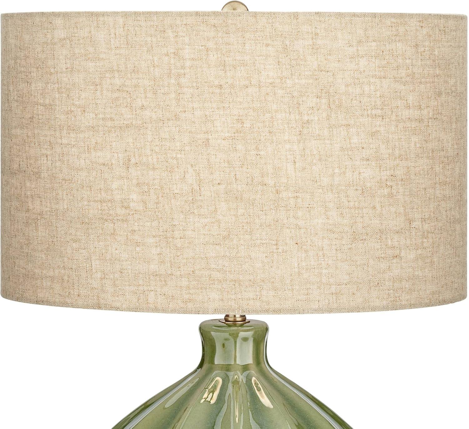 Handcrafted Ribbed Green Ceramic Table Lamp with Oatmeal Drum Shade