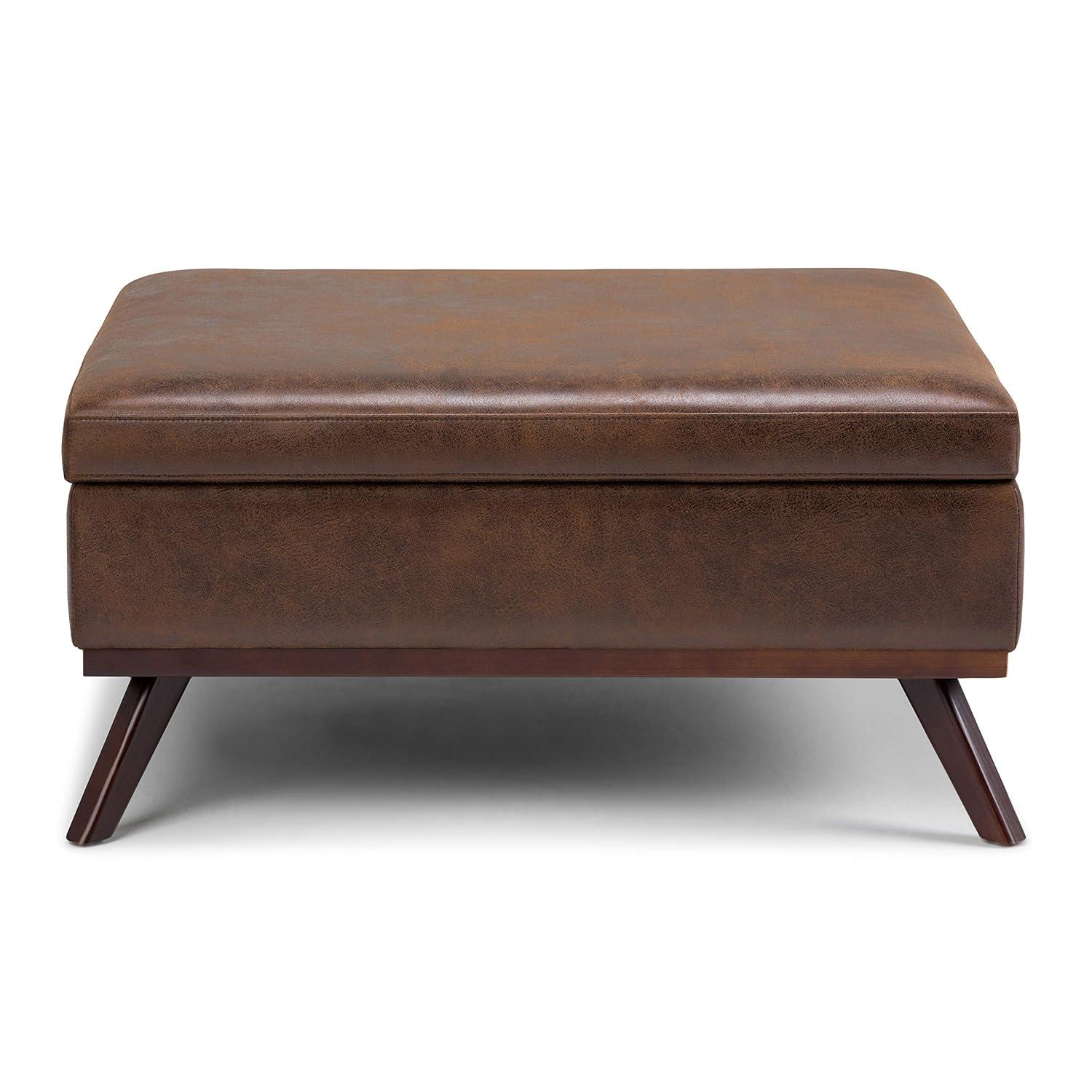 Simpli Home Owen 36"W Upholstered Square Coffee Table Storage Ottoman with Lift Top and Solid Wood Legs