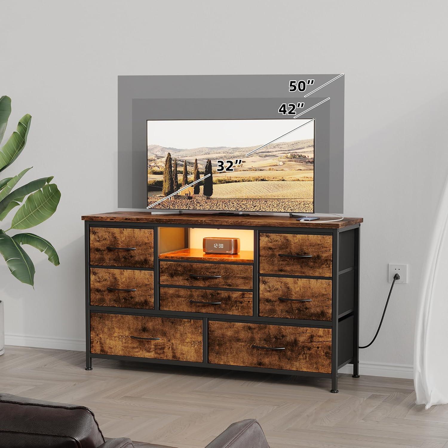 INDSUMOT 8 Dresser TV Stand with Power Outlet & LED for 55'' TV, Long Dresser for Bedroom with 8 Deep Drawers, Wide Console Table for Storage in Closet, Living Room, Entryway, Wood Top(Rustic Brown)