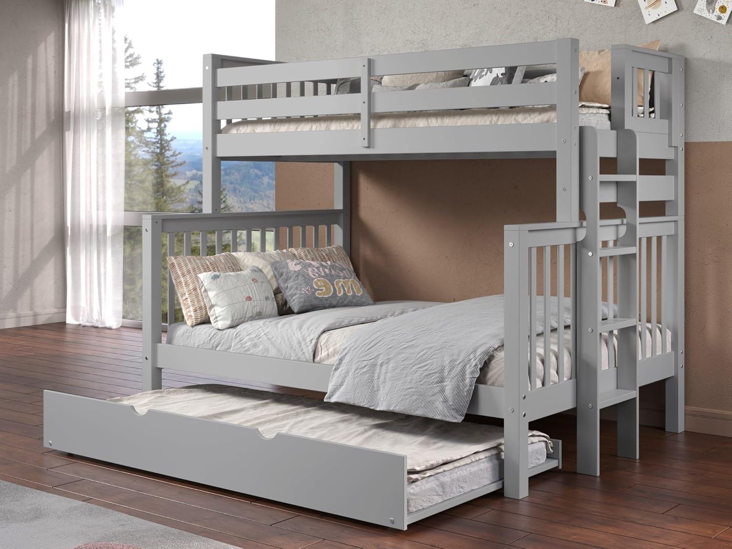 Bedz King Bunk Beds Twin over Full Mission Style with End Ladder and a Twin Trundle, Gray