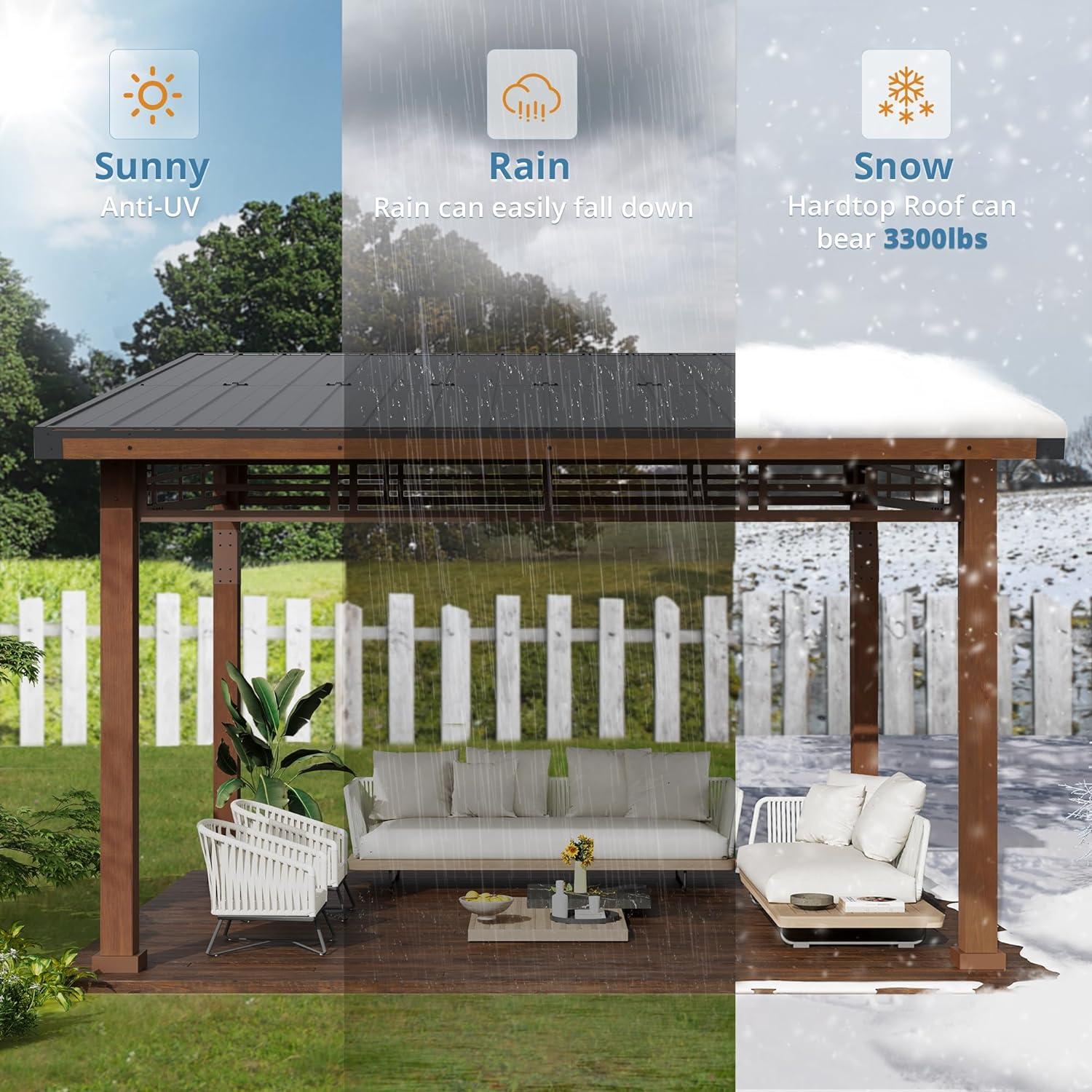 LUE BONA 10x12 Hardtop Gazebo with Wooden Frame and Metal Roof - Outdoor Pergola Canopy with Curtains - Permanent Pavilion for Grill, Deck, Patio, Backyard, Garden