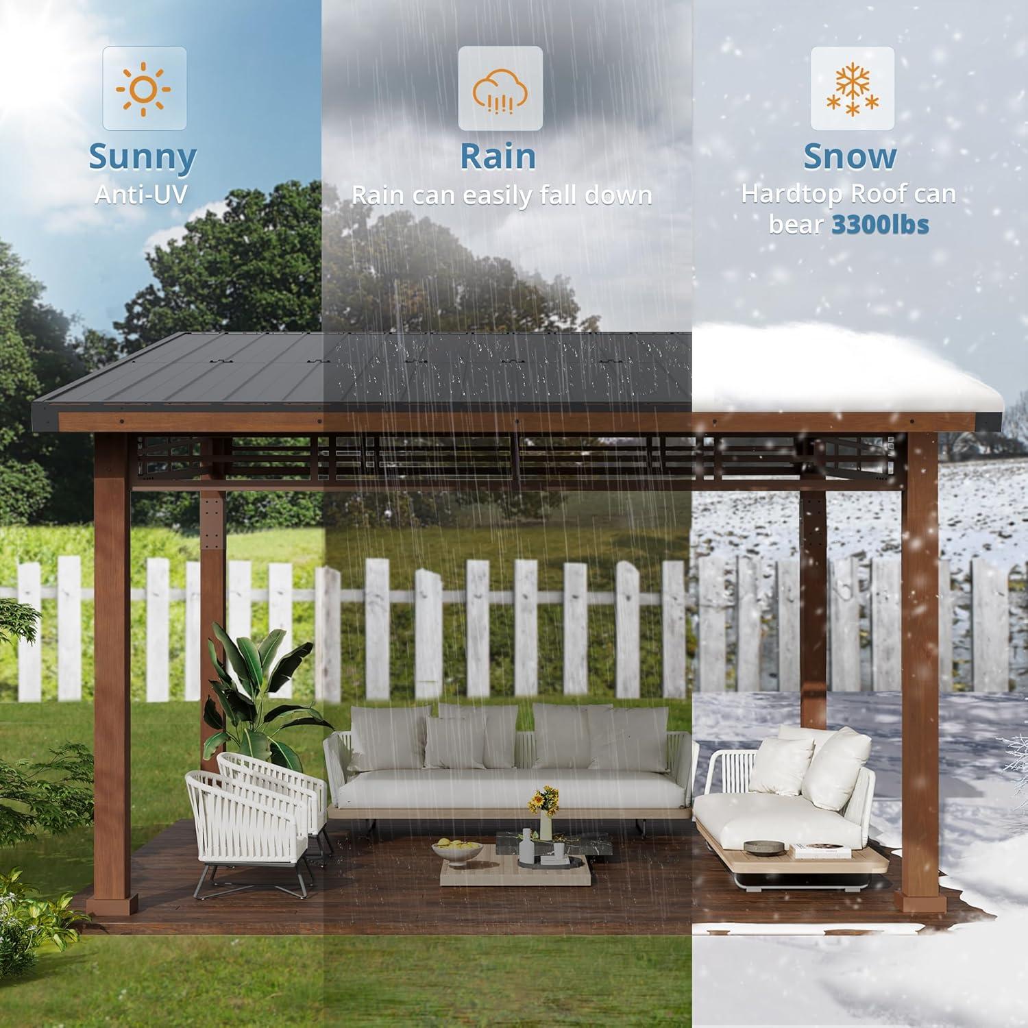 LUE BONA 10x12 Hardtop Gazebo with Wooden Frame and Metal Roof - Outdoor Pergola Canopy with Curtains - Permanent Pavilion for Grill, Deck, Patio, Backyard, Garden