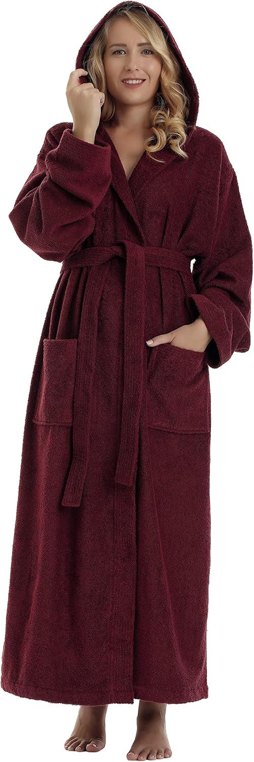 Women's Small Burgundy Cotton Hooded Full Length Bathrobe