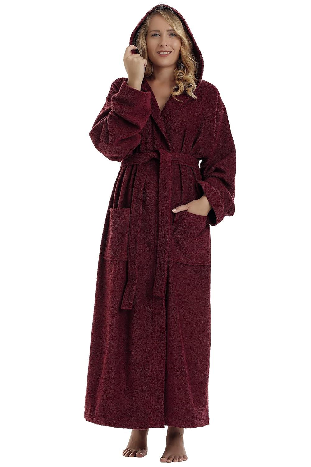 Women's Small Burgundy Cotton Hooded Full Length Bathrobe